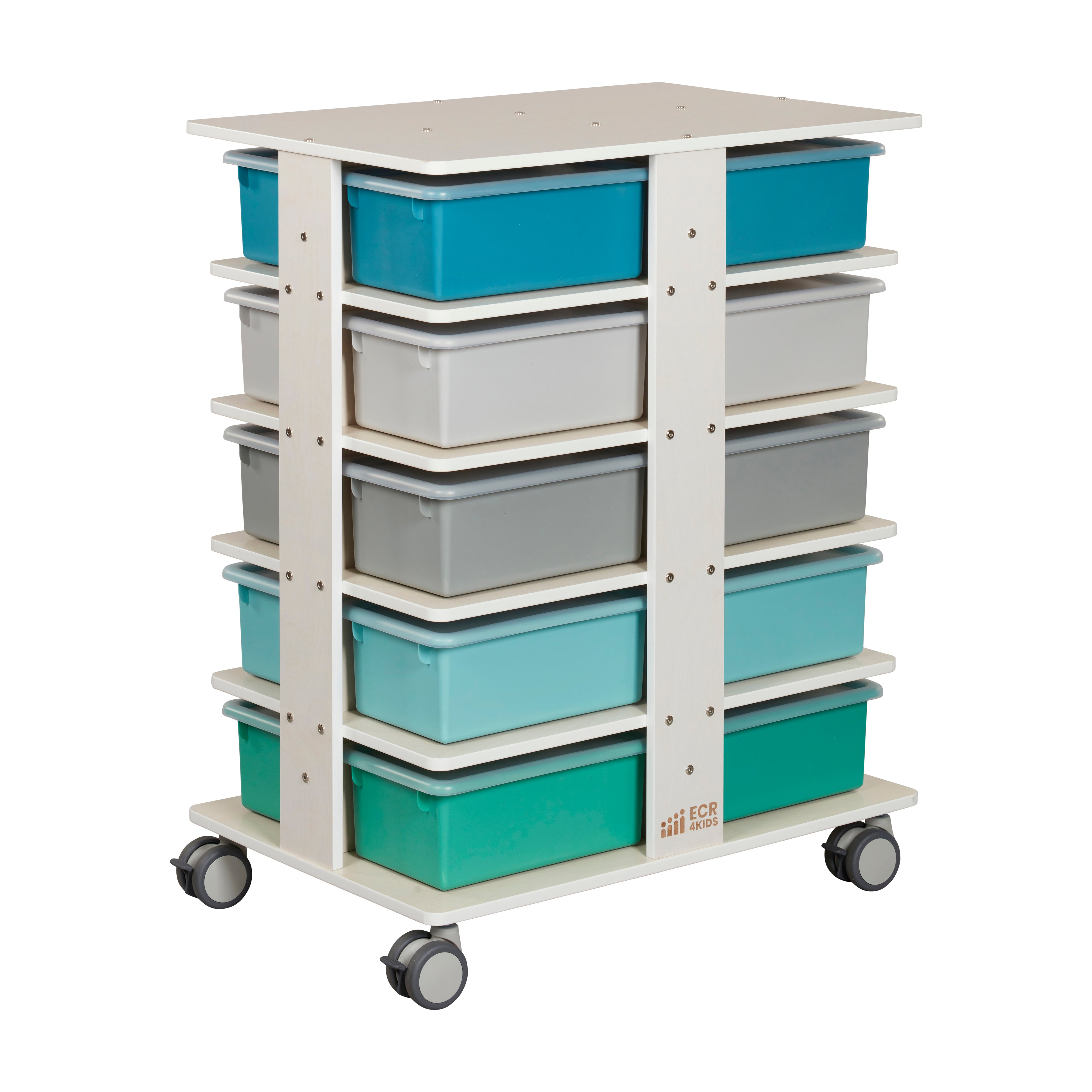 20-Compartment Mobile Storage Tower with Cubby Bins with Lids, 5x4, White Wash, Classroom Furniture