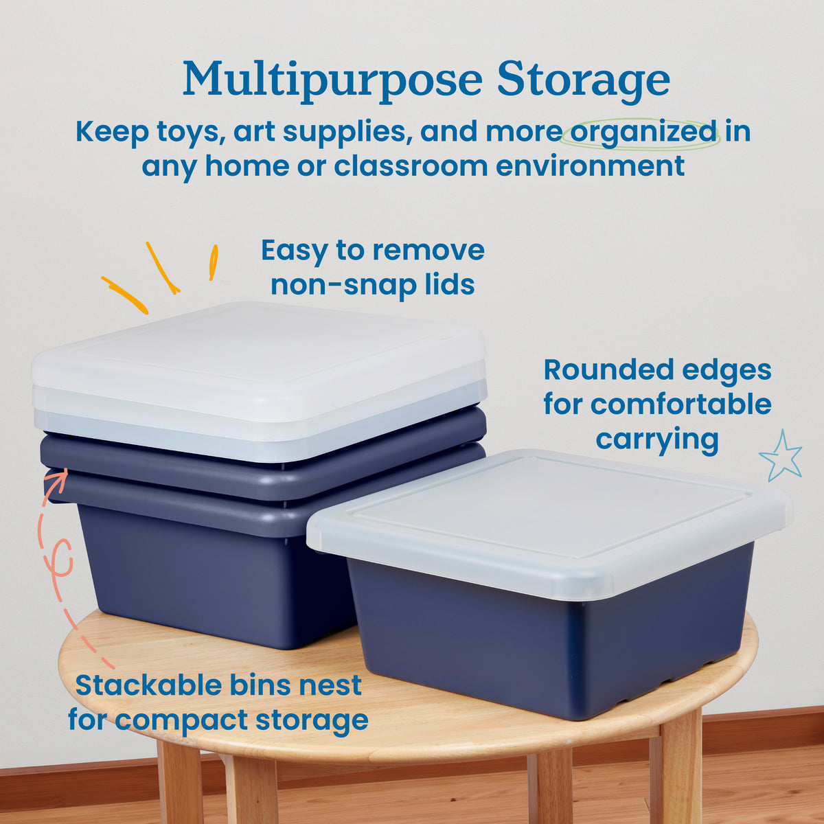 Stackable Square Bins with Non-Snap Lids, 4-Pack