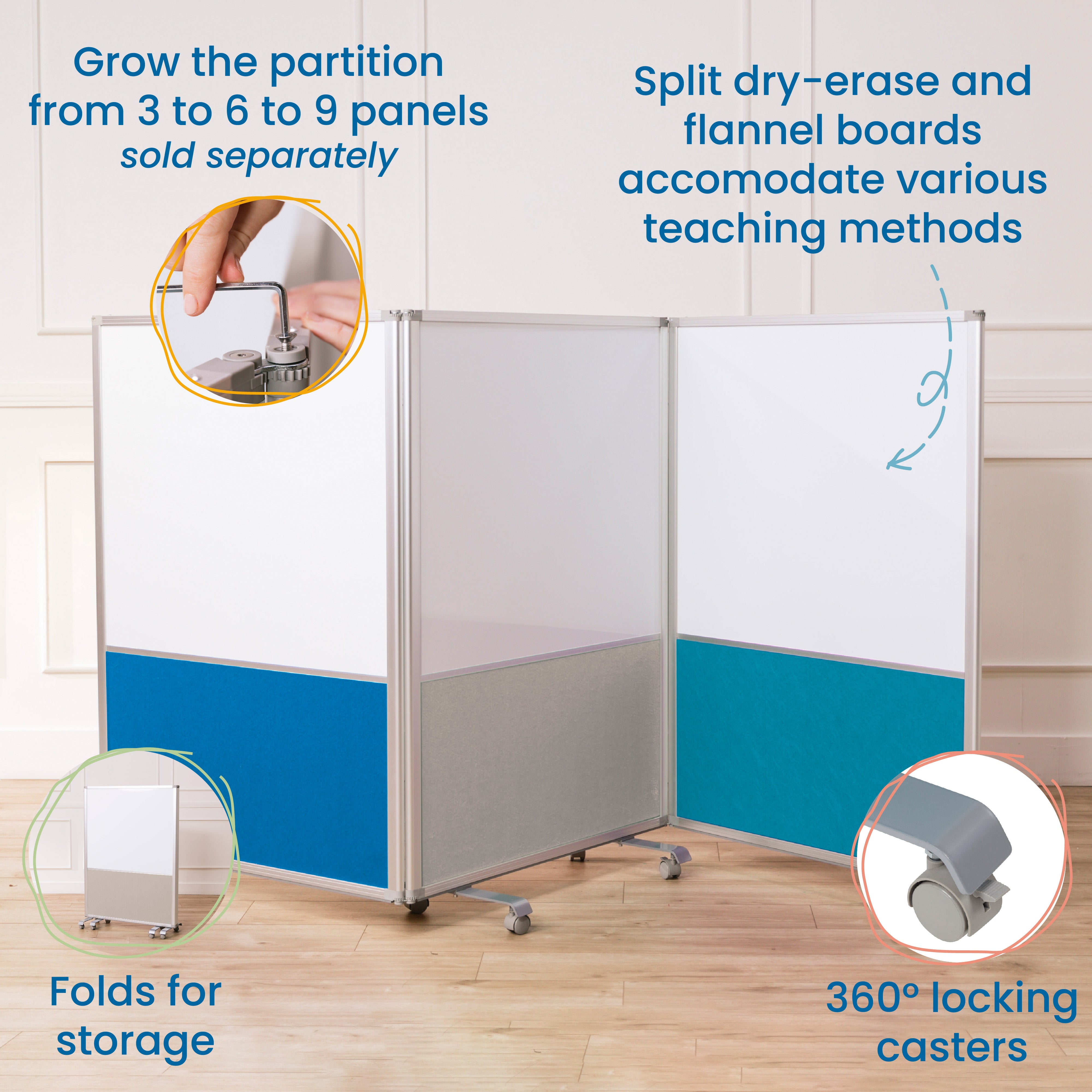 Mobile Dry-Erase and Flannel Split Room Divider, 3-Panel