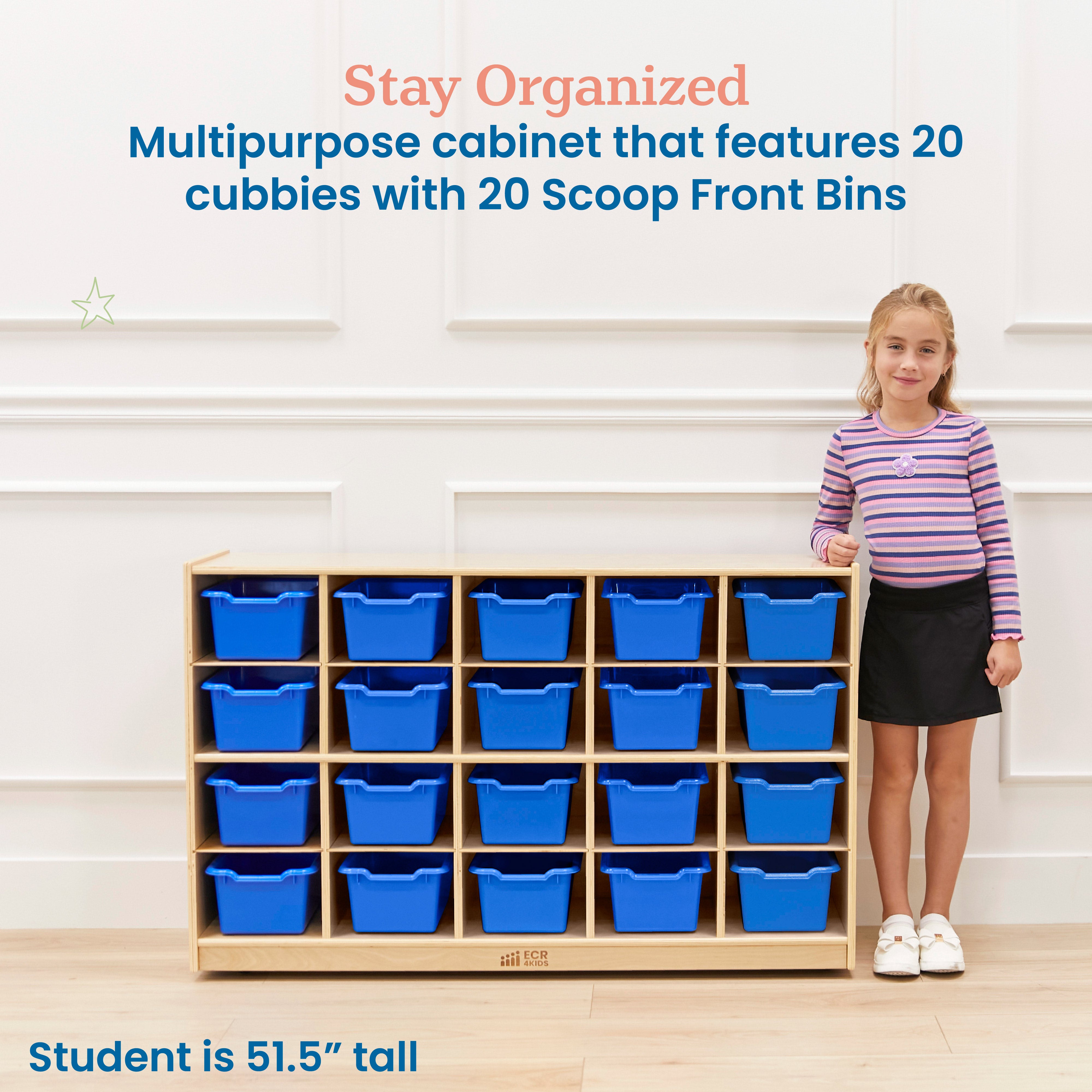20 Cubby Tray Cabinet with Scoop Front Storage Bins, Classroom Furniture