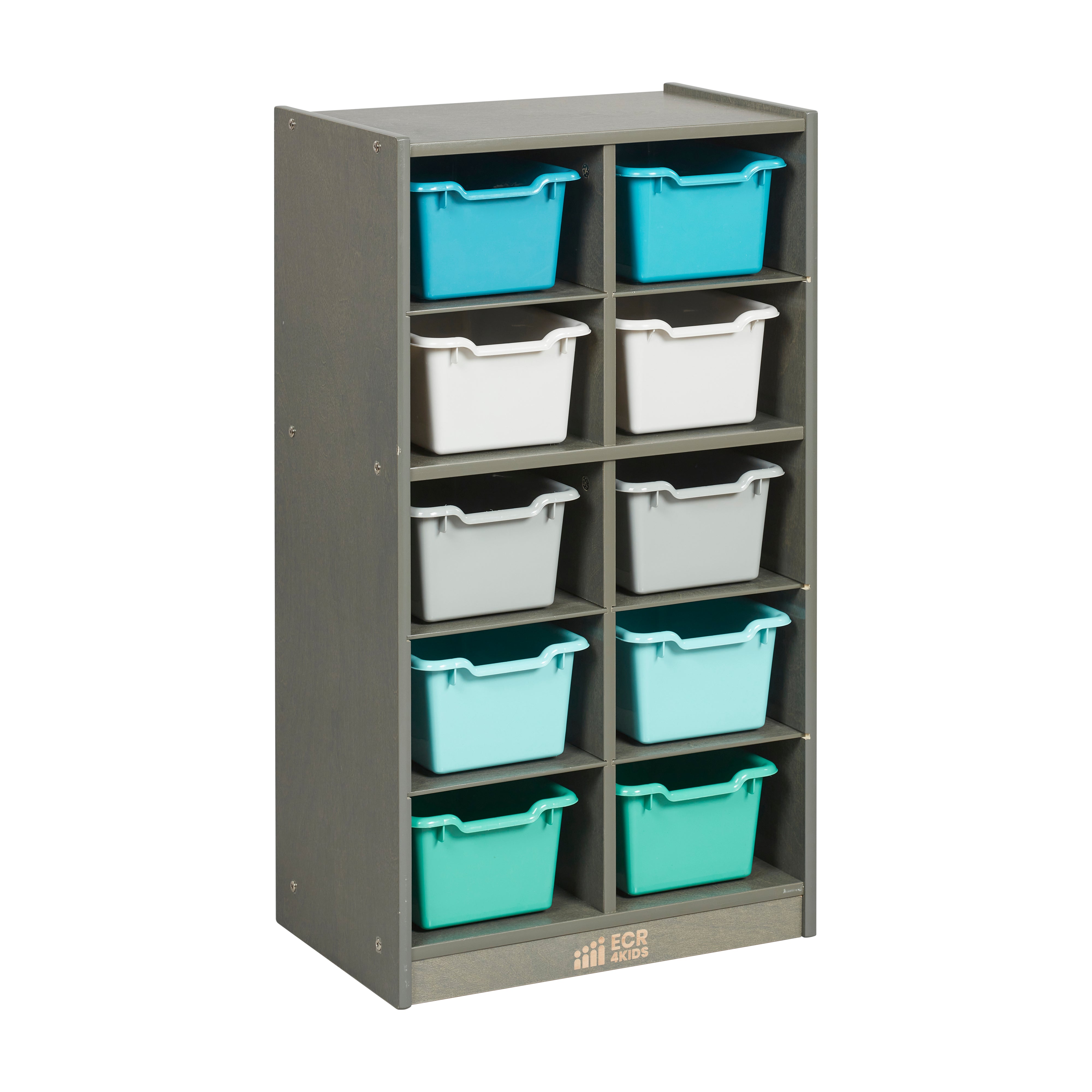 10 Cubby Mobile Tray Cabinet with 10 Scoop Front Storage Bins, 5x2, Grey Wash