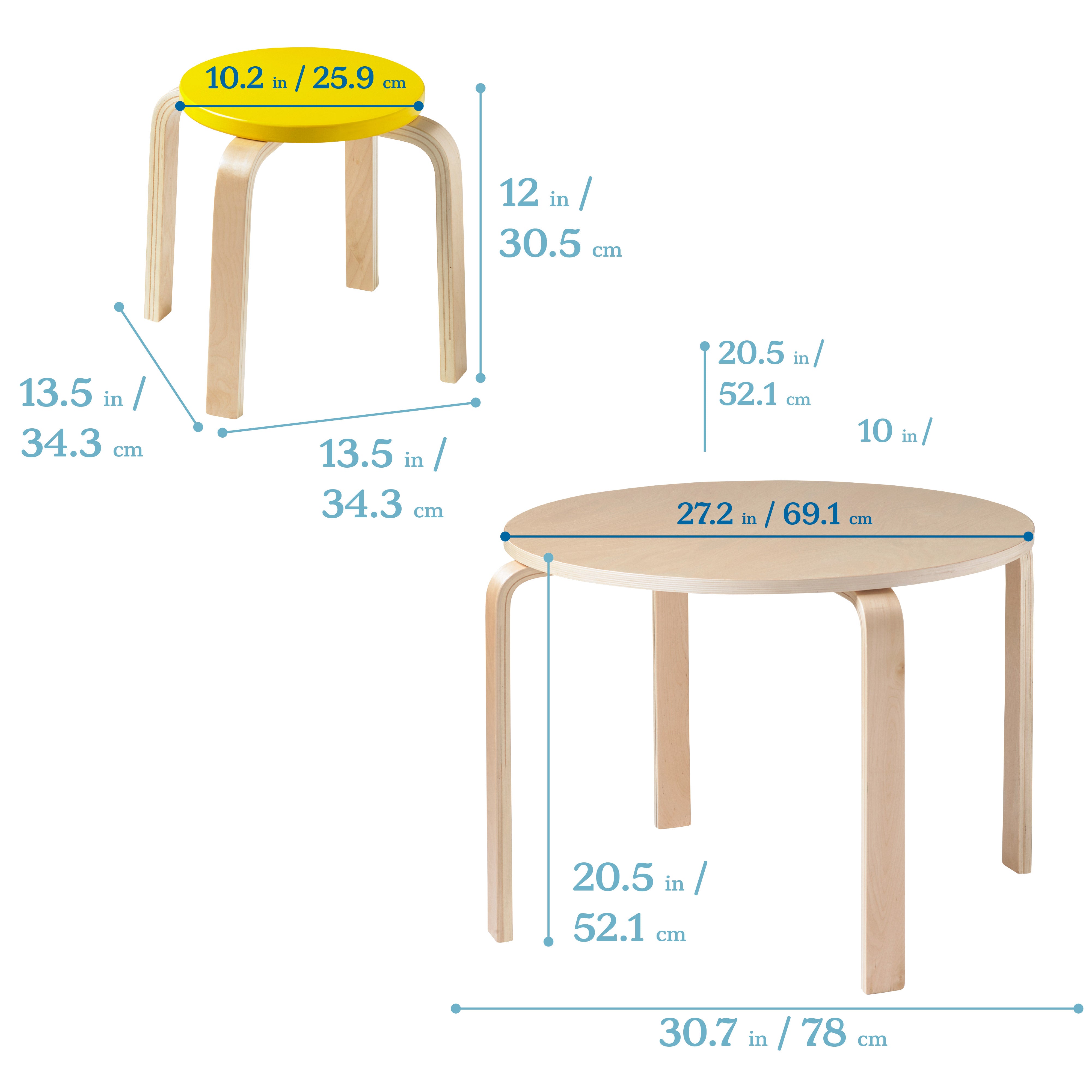 Round Bentwood Table and Four Stools, 12in Seat Height, 5-Piece