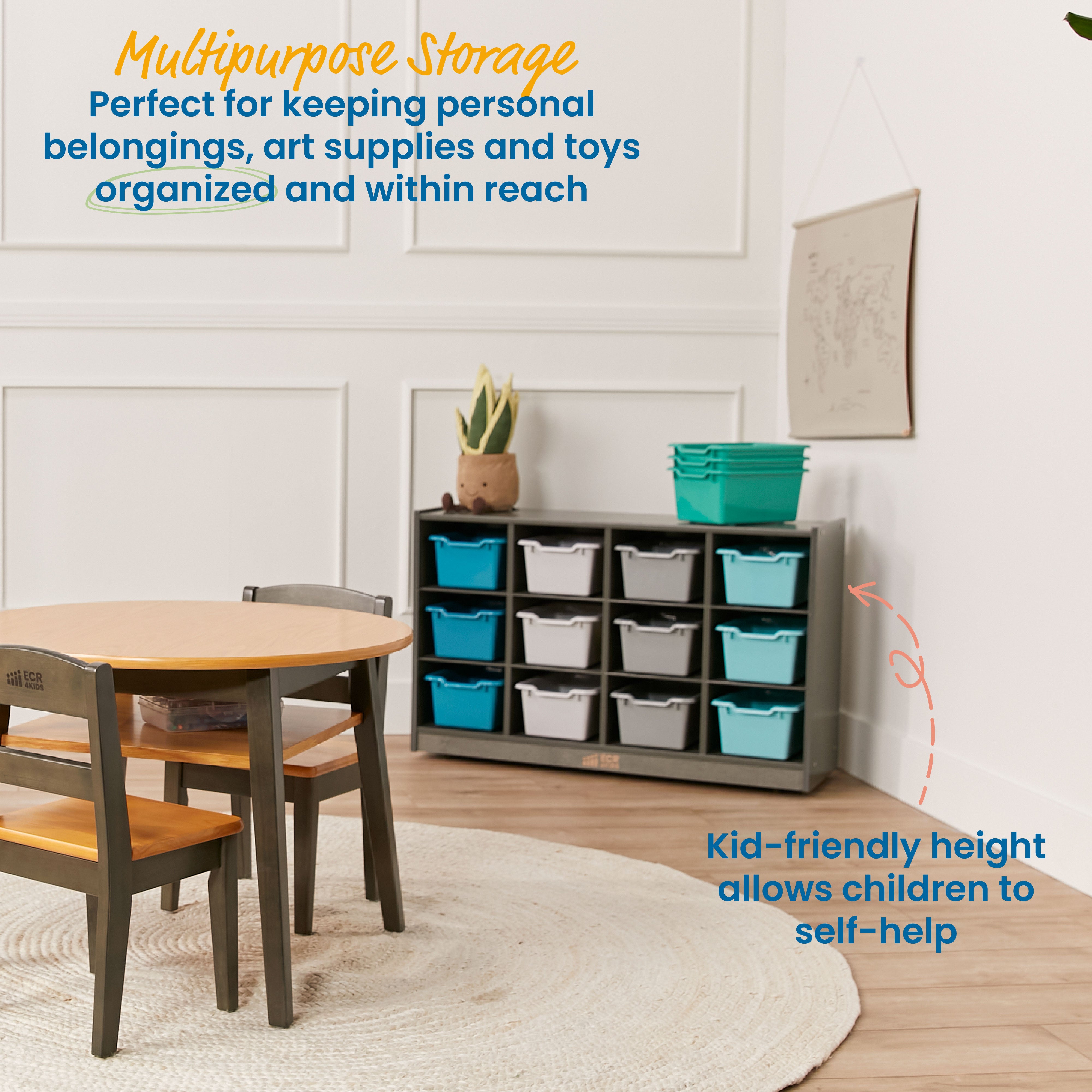 12 Cubby Mobile Tray Cabinet with 15 Scoop Front Storage Bins, 3x4, Grey Wash