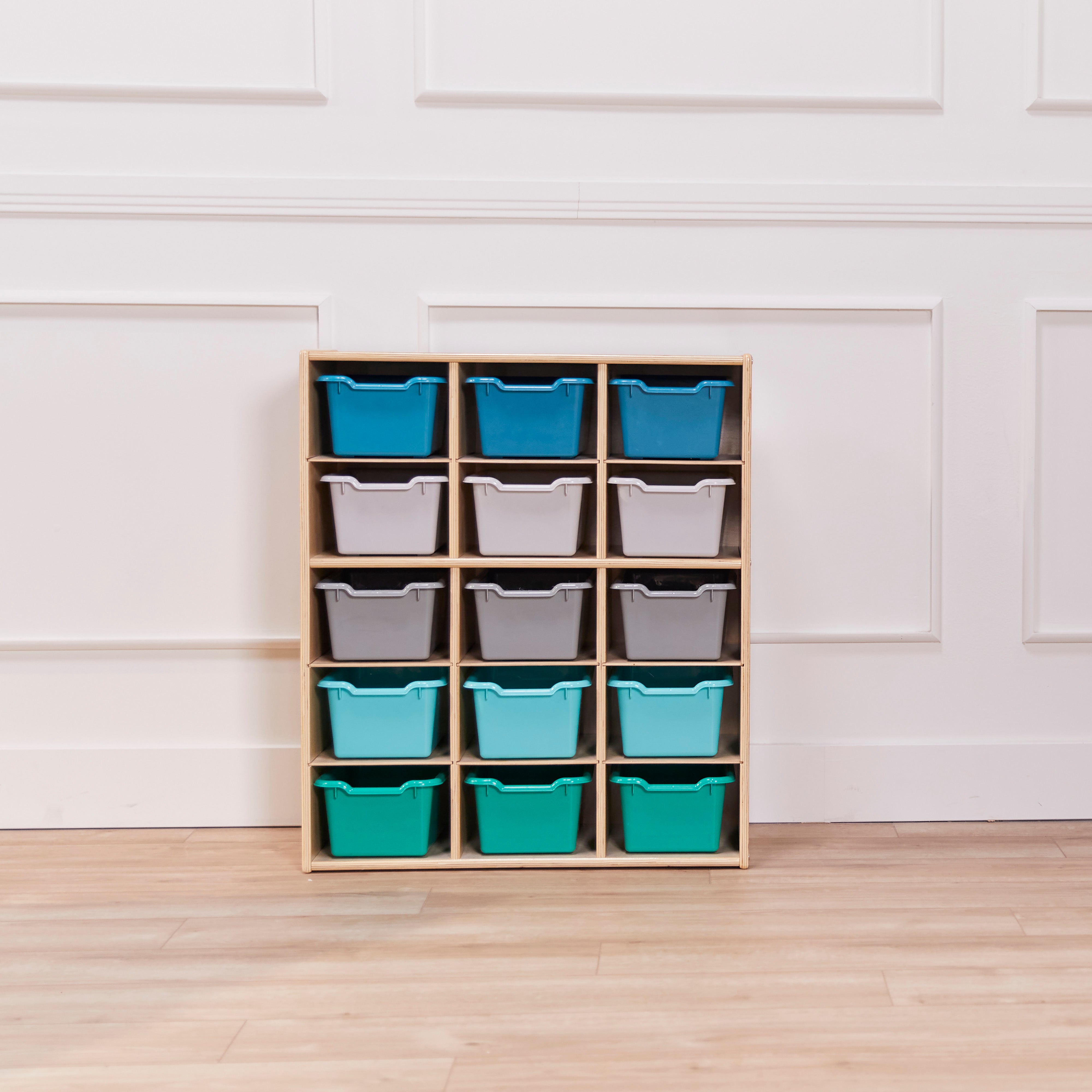 Streamline 15 Cubby Tray Cabinet with 15 Scoop Front Storage Bins, 5x3, Natural