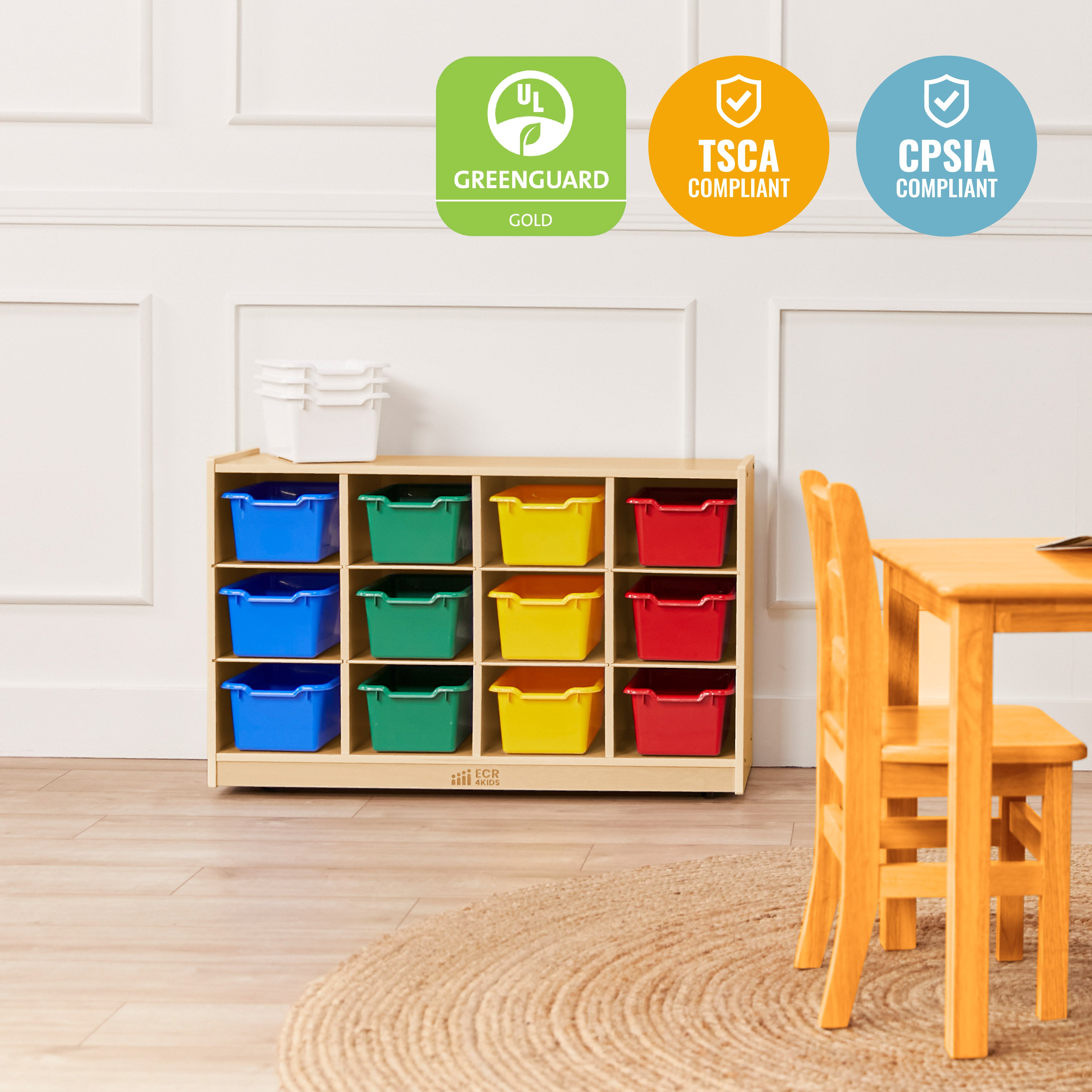 12 Cubby Mobile Tray Cabinet with 15 Scoop Front Storage Bins, 3x4, Natural