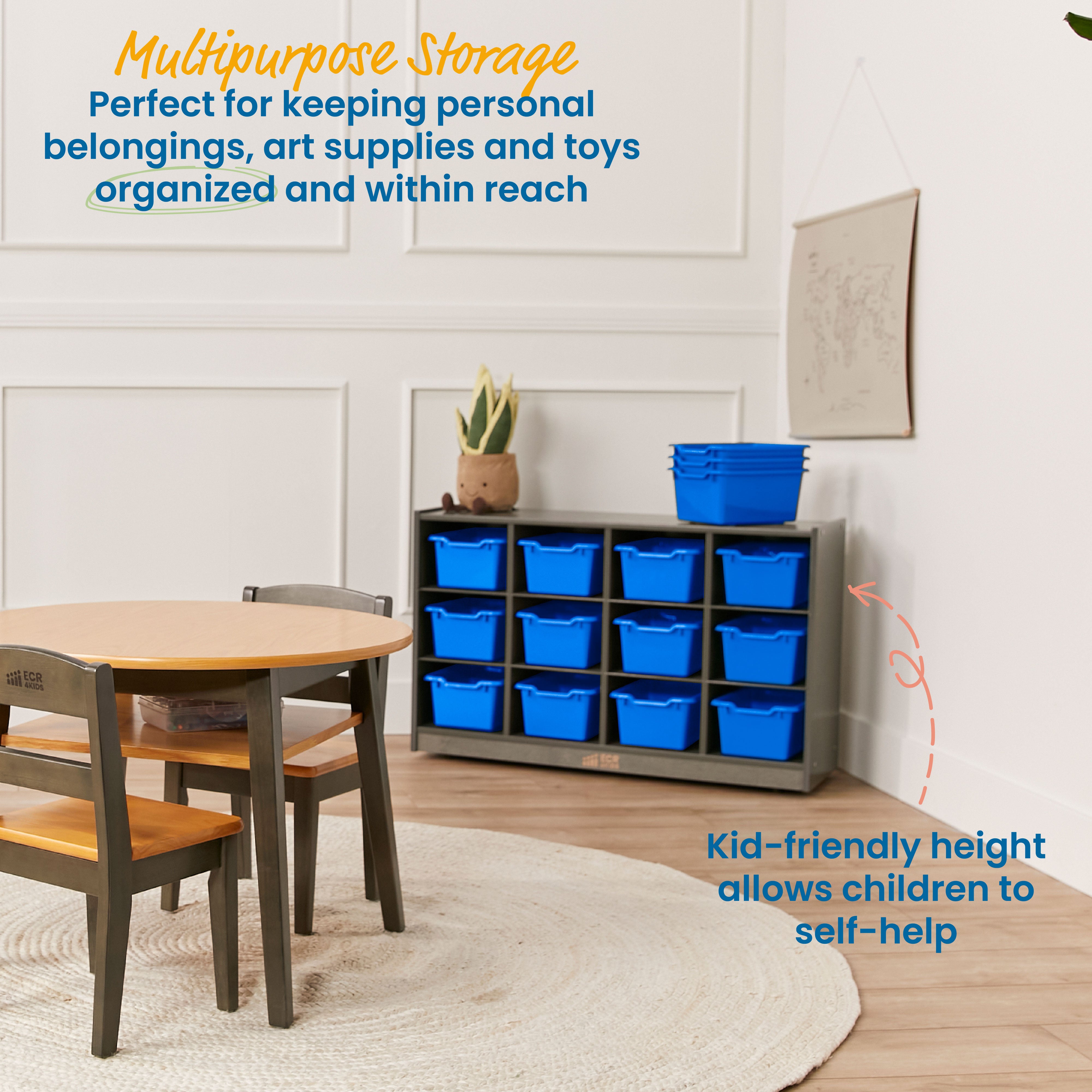 12 Cubby Mobile Tray Cabinet with 15 Scoop Front Storage Bins, 3x4, Grey Wash