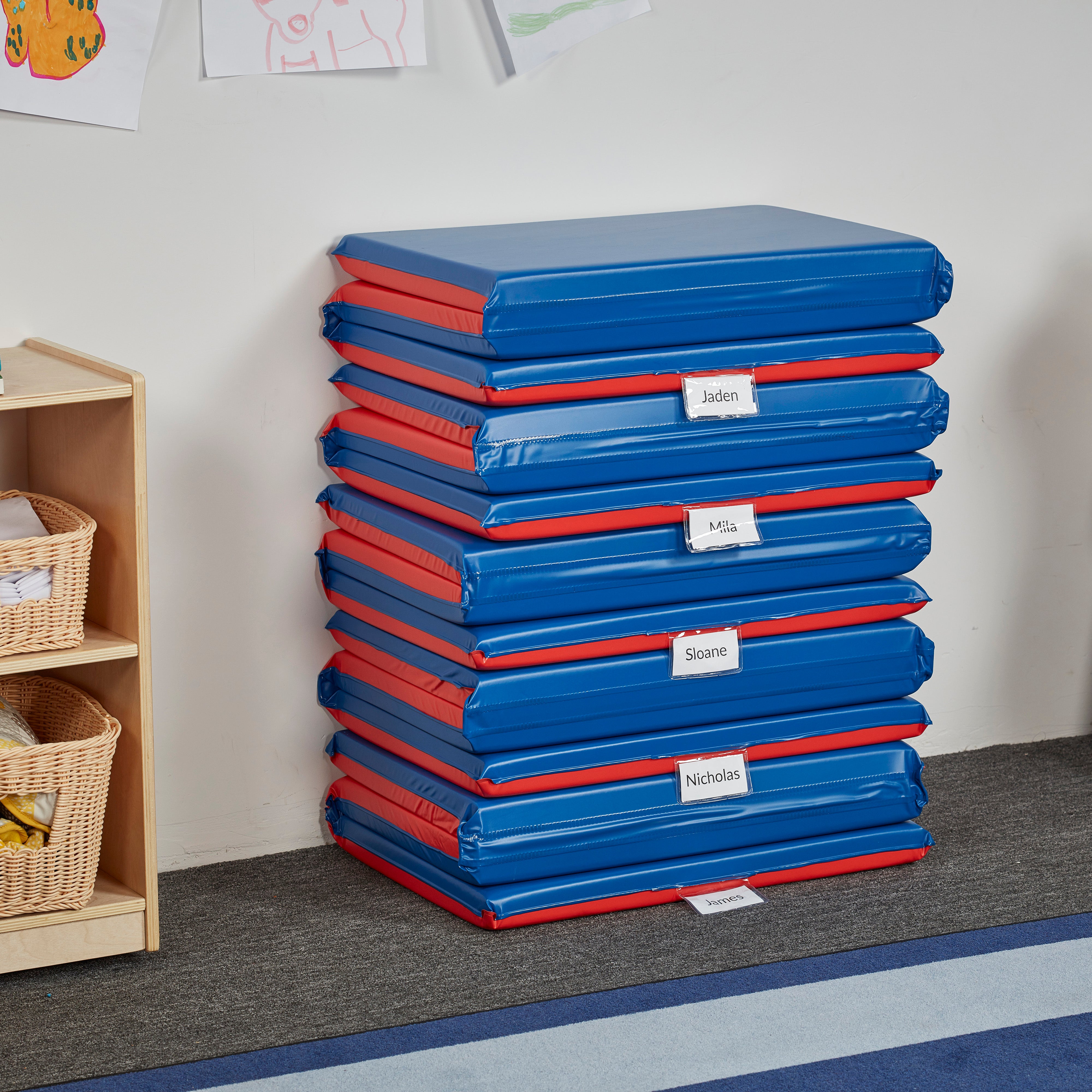 Premium Folding Rest Mat, 3-Section, 2in, Sleeping Pad, Blue/Red, 5-Pack