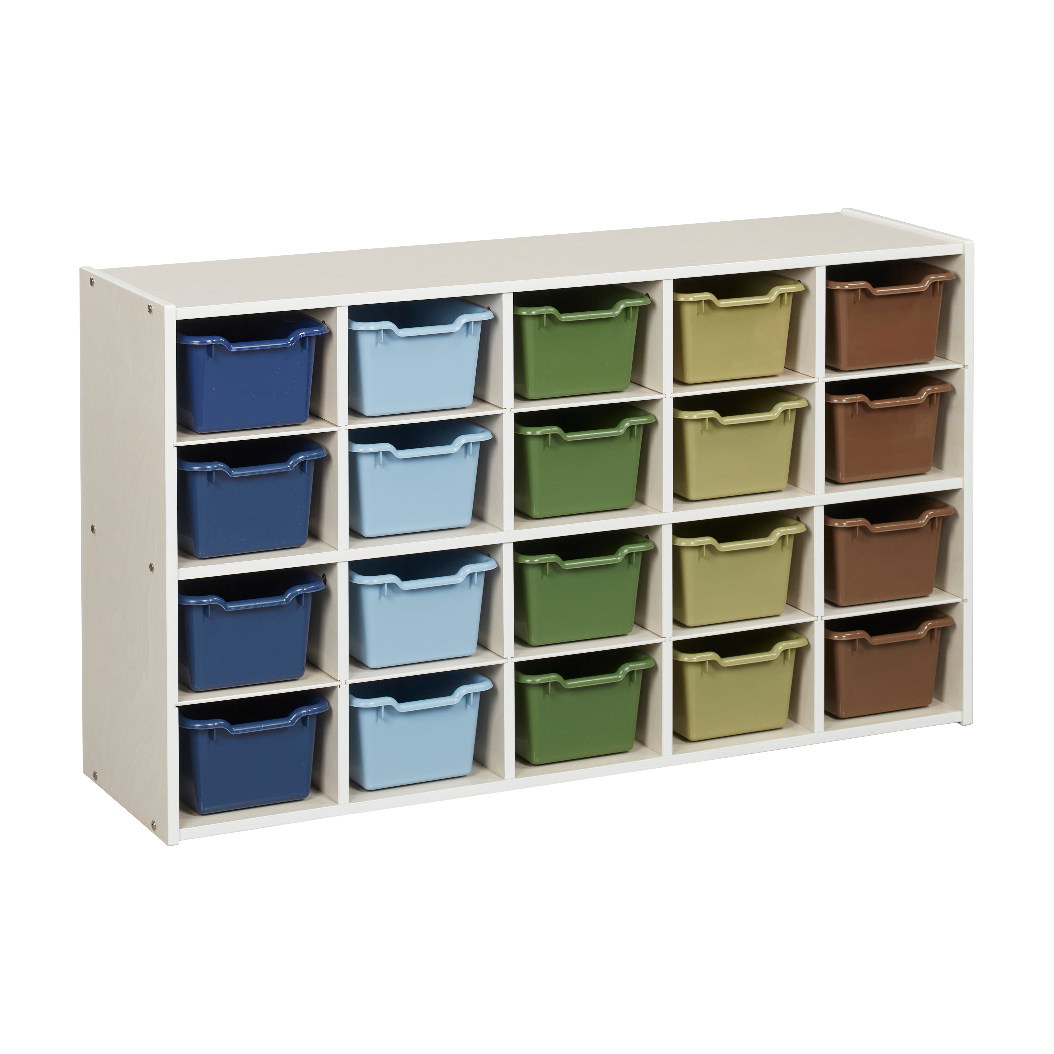 Streamline 20 Cubby Tray Storage Cabinet with 20 Scoop Front Storage Bins, 4x5, White Wash
