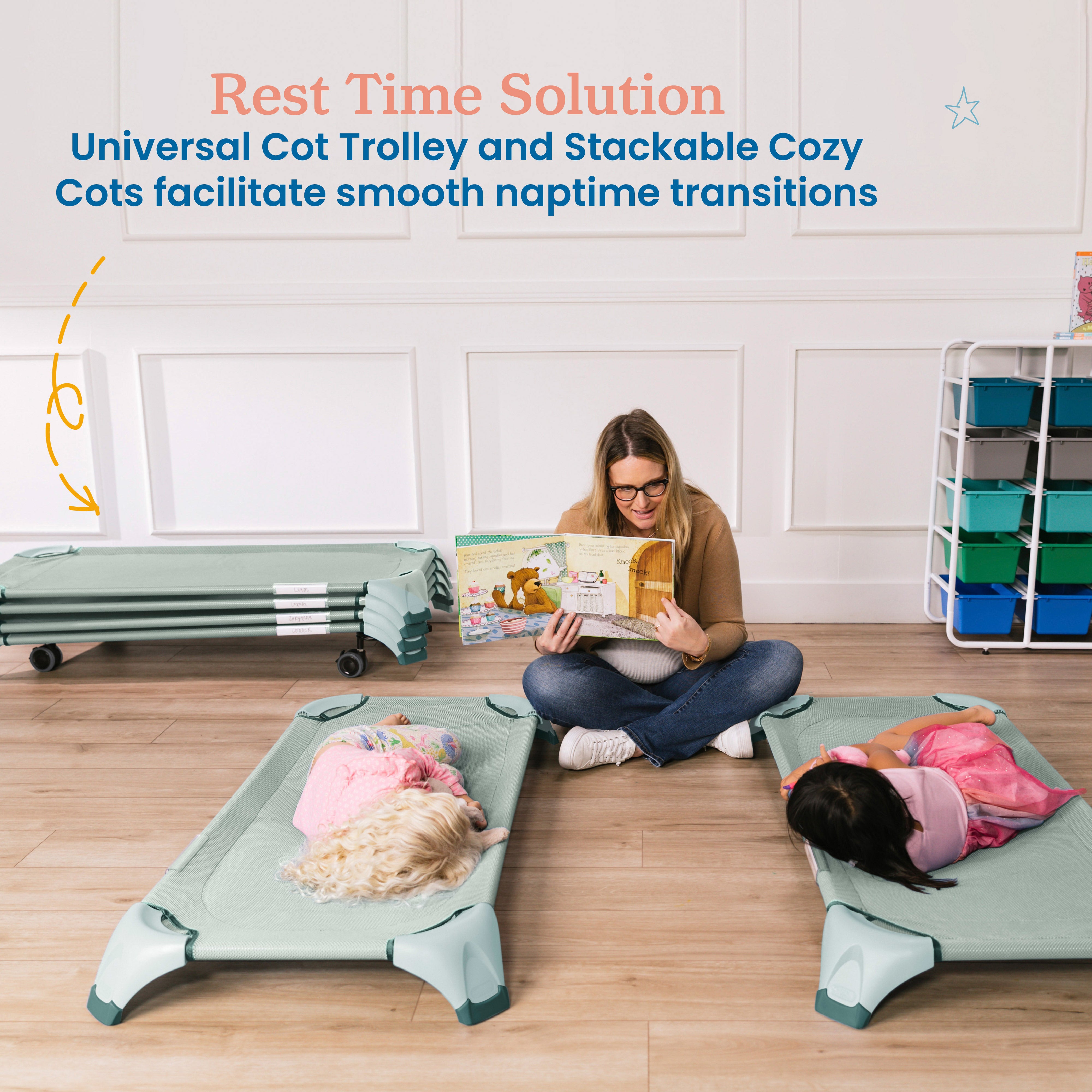 Stackable Cozy Cots with Universal Cot Trolley, 6-Pack