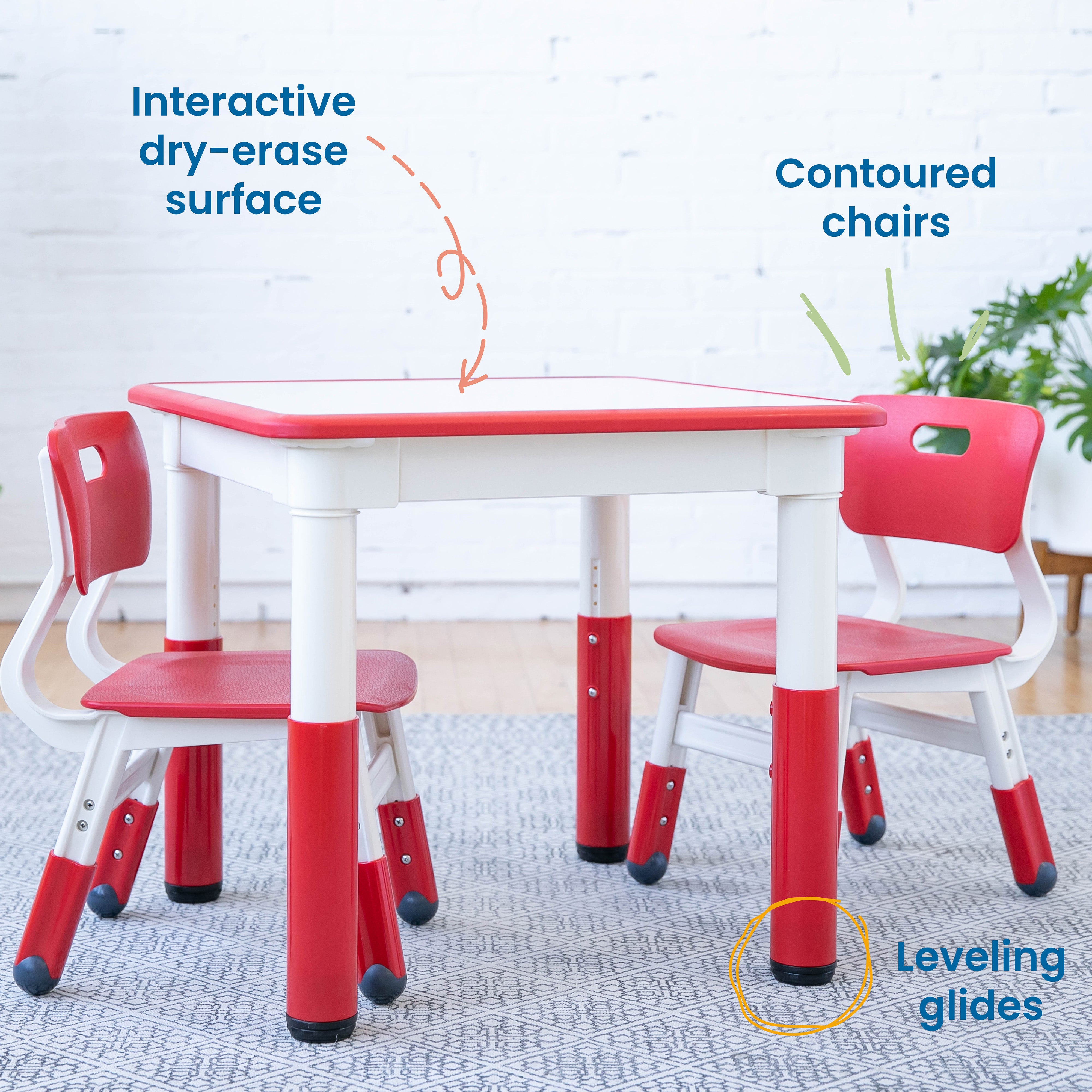 Dry-Erase Square Activity Table with 2 Chairs, Adjustable, 3-Piece