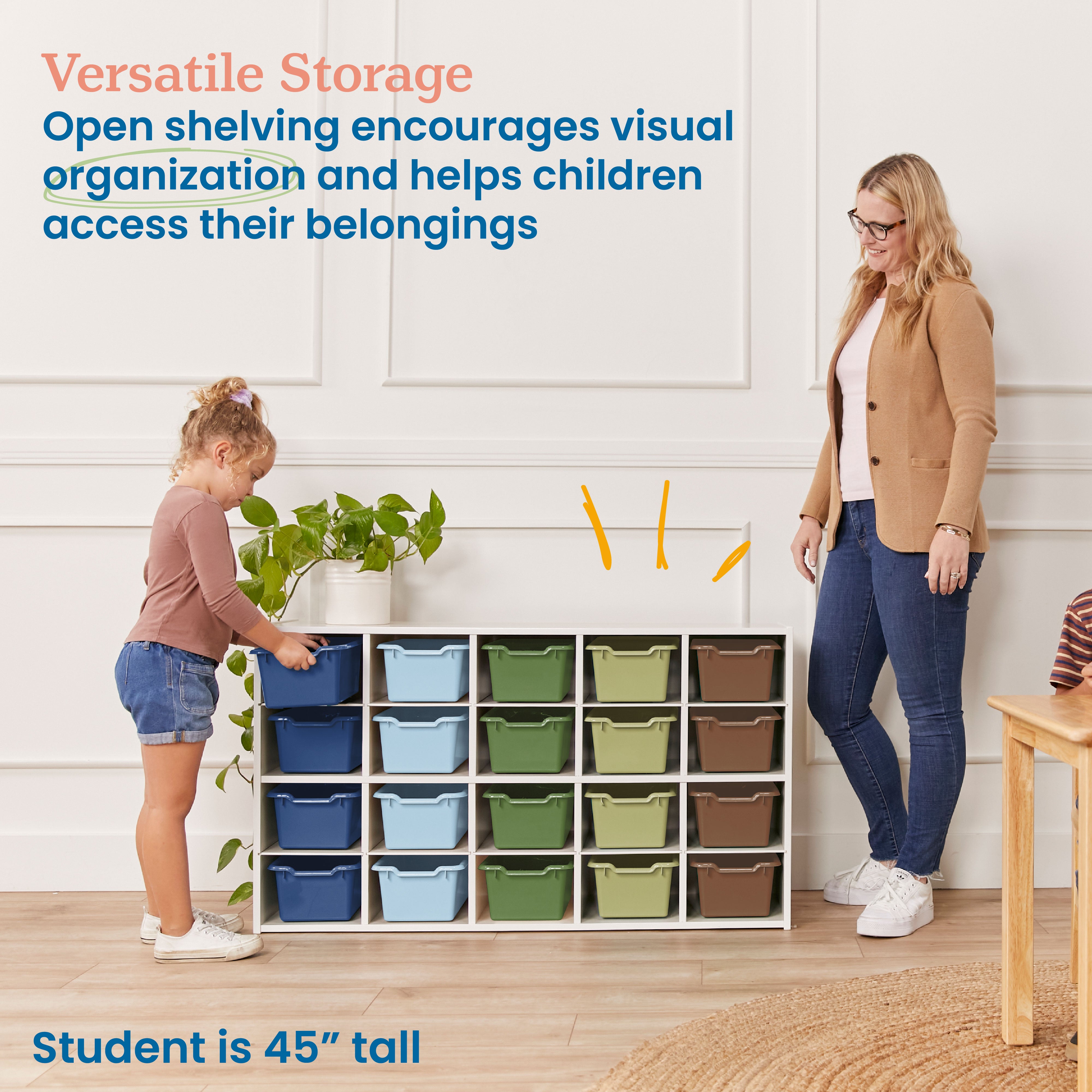 Streamline 20 Cubby Tray Storage Cabinet with 20 Scoop Front Storage Bins, 4x5, White Wash