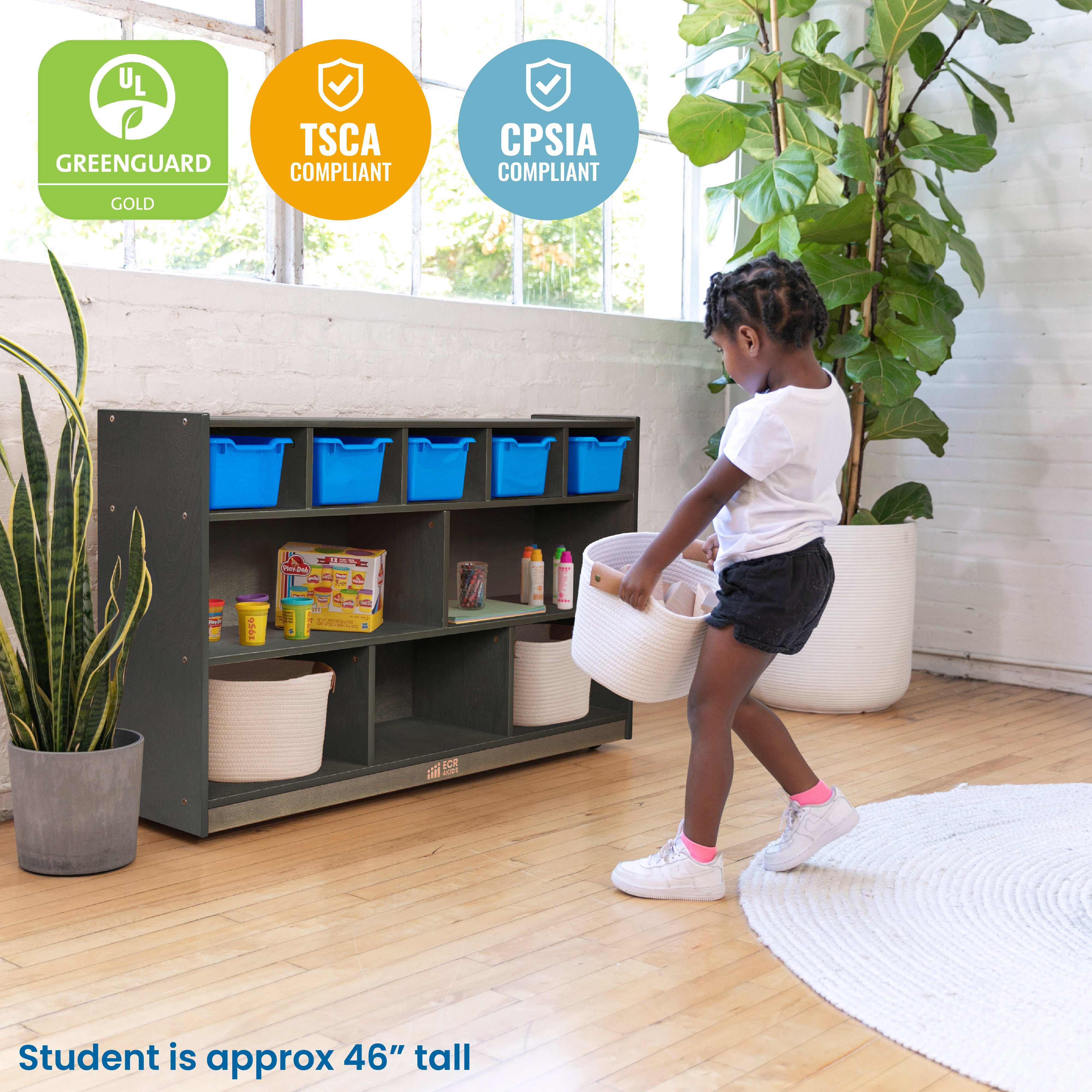 5+5 Mobile Storage and Tray Cabinet with 5 Scoop Front Bins, Grey Wash, Classroom Furniture