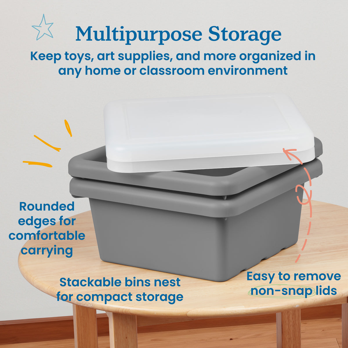 Stackable Square Bins with Non-Snap Lids, 2-Pack