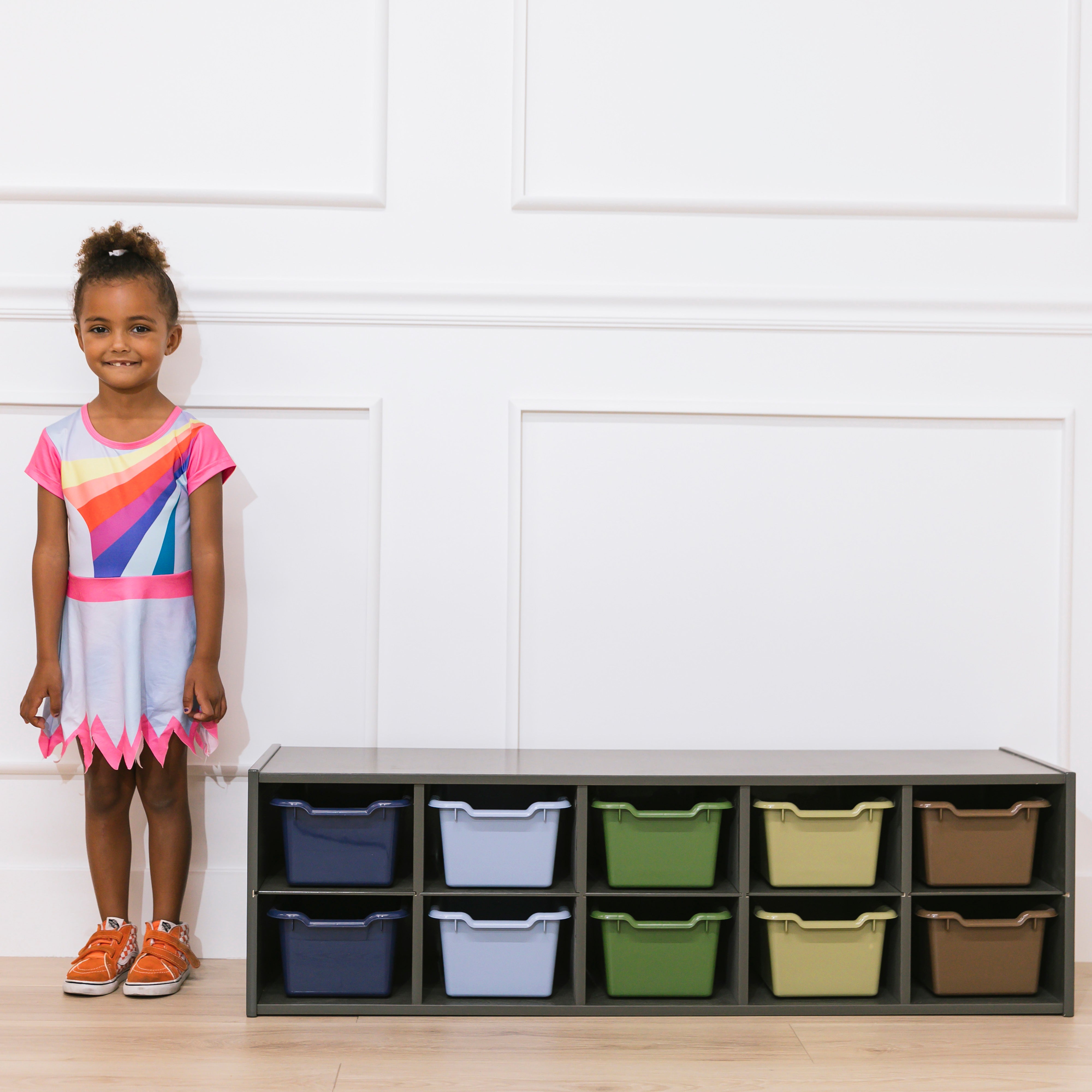 Streamline 10 Cubby Tray Cabinet with 10 Scoop Front Storage Bins, 2x5, Grey Wash