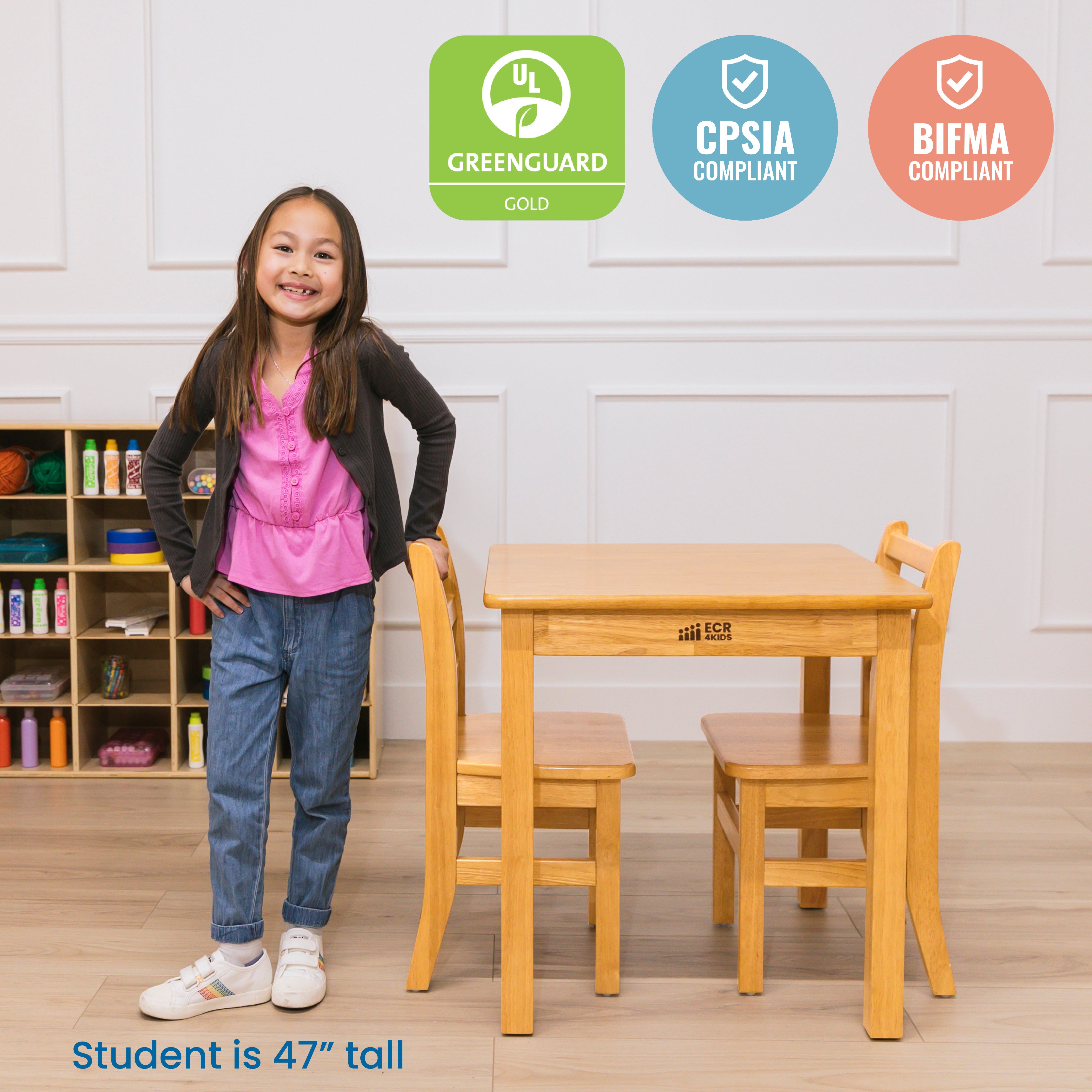 24in x 24in Square Hardwood Table with 24in Legs and Two 14in Chairs, 3-Piece