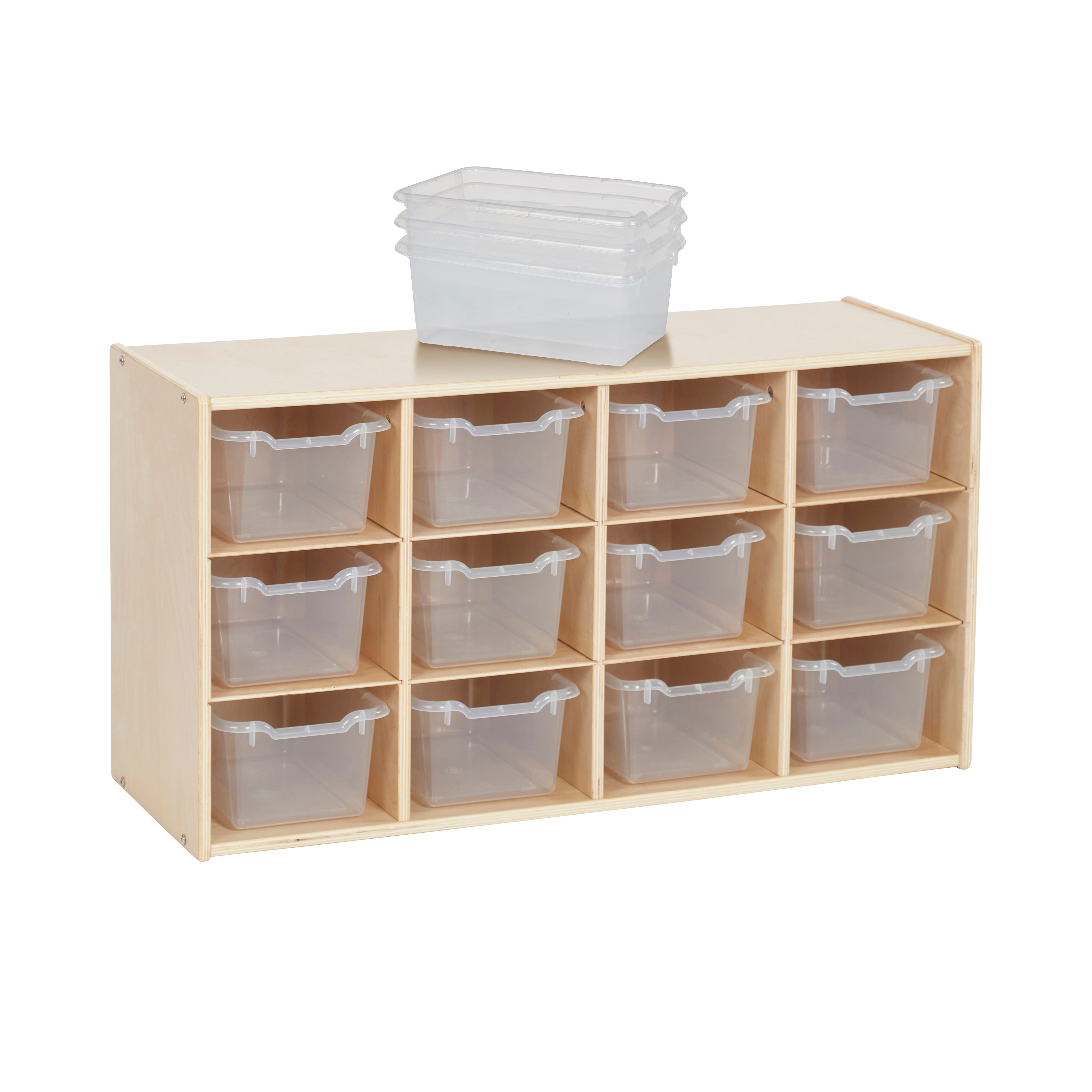 Streamline 12 Cubby Tray Cabinet with 15 Scoop Front Storage Bins, 3x4, Natural