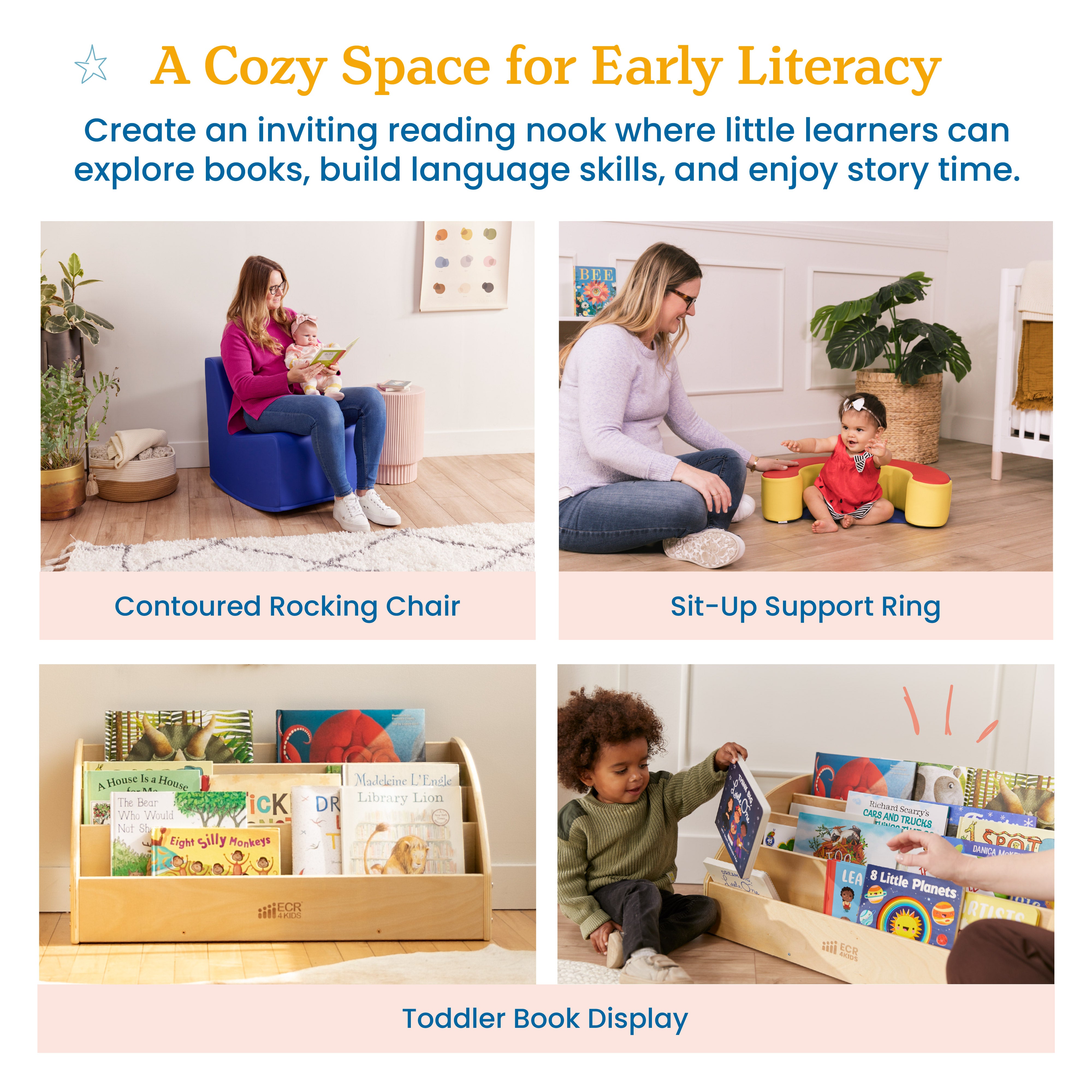 Infant Cozy Reading Corner Package with Book Display, Sit-Up Support Ring and Rocking Chair