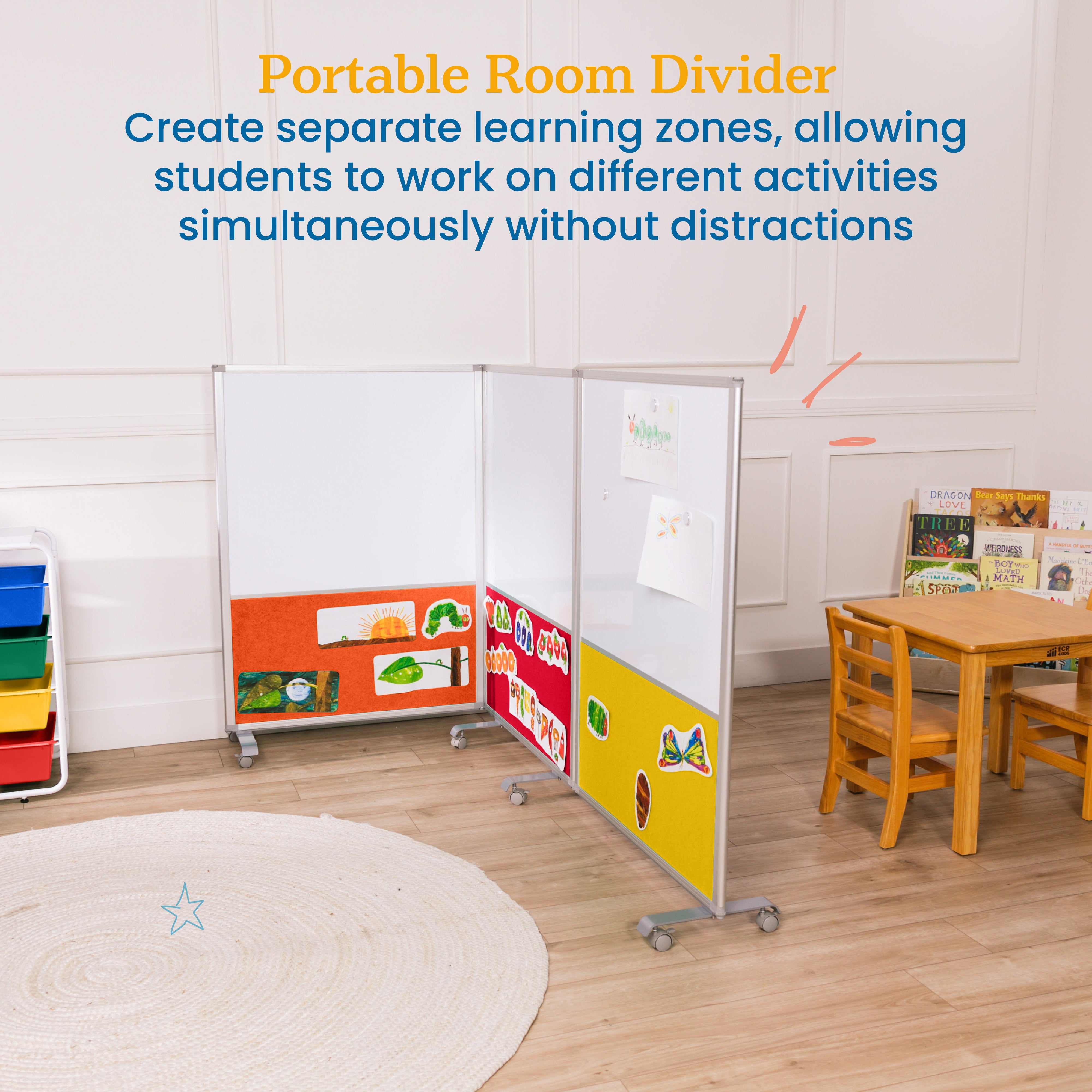 Mobile Dry-Erase and Flannel Split Room Divider, 3-Panel