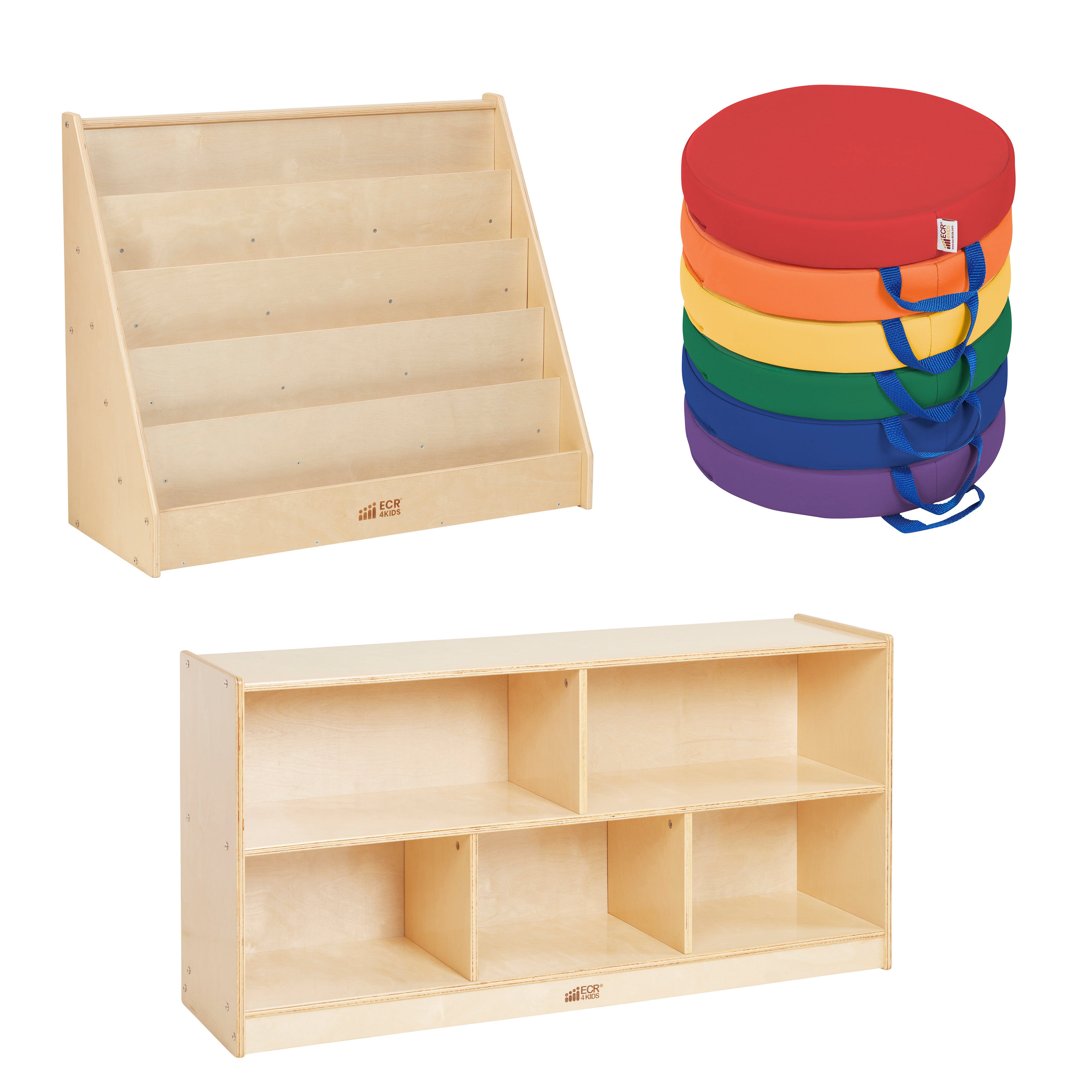 Preschool Cozy Reading Corner Package with Book Display, Storage Cabinet and Floor Cushions