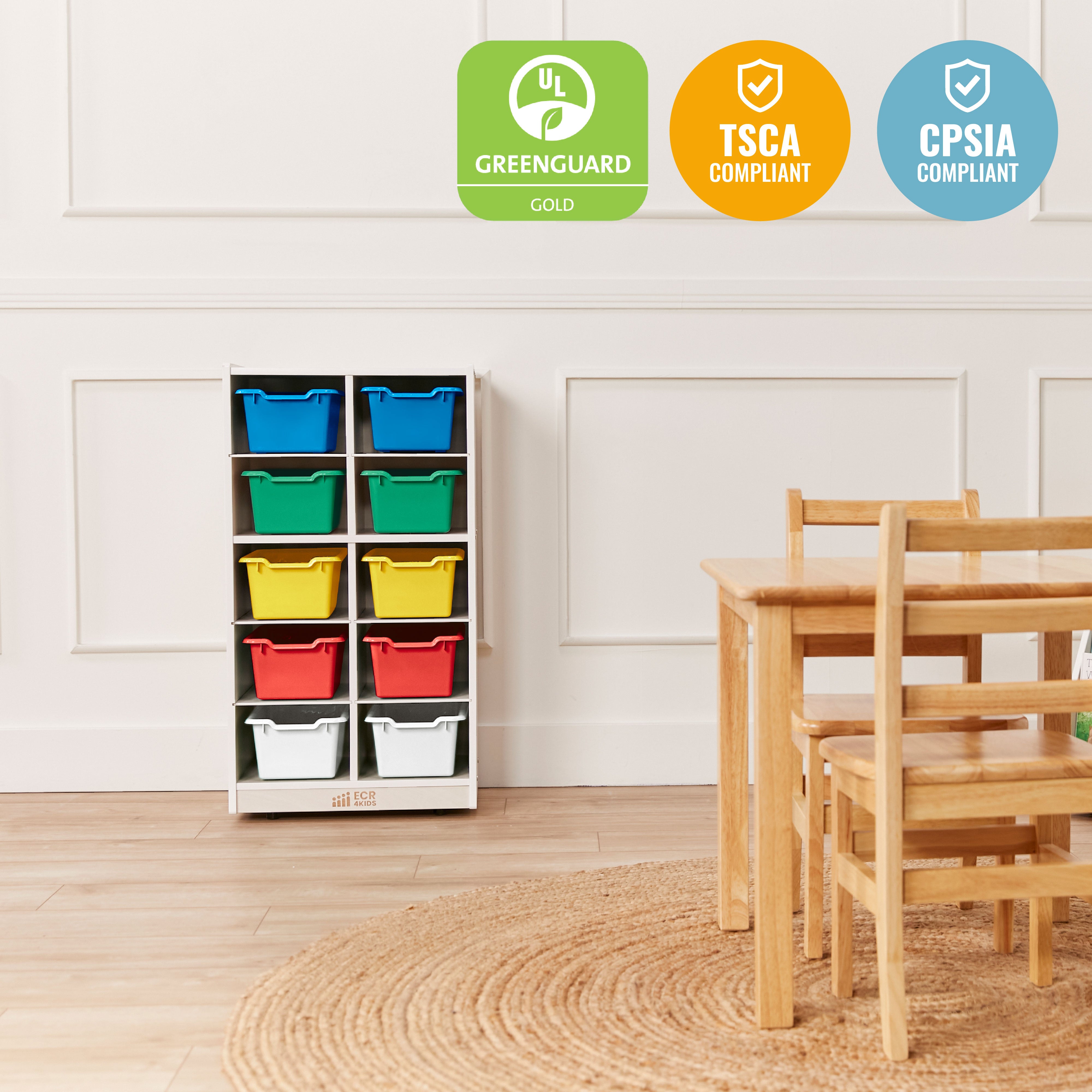 10 Cubby Mobile Tray Cabinet with 10 Scoop Front Storage Bins, 5x2, White Wash