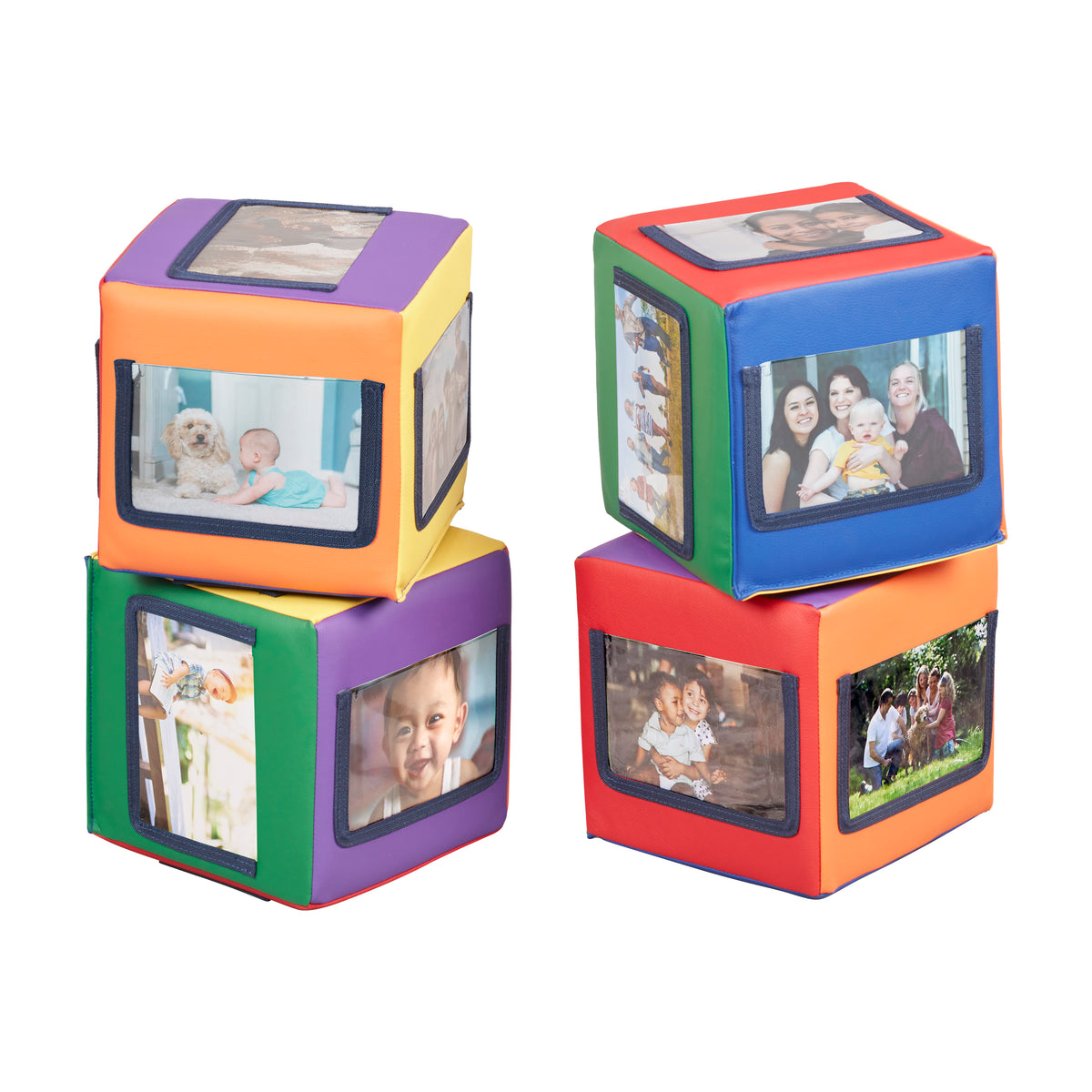 Two colorful stacking cubes with photo windows on each side, displaying family photos on transparent panels.