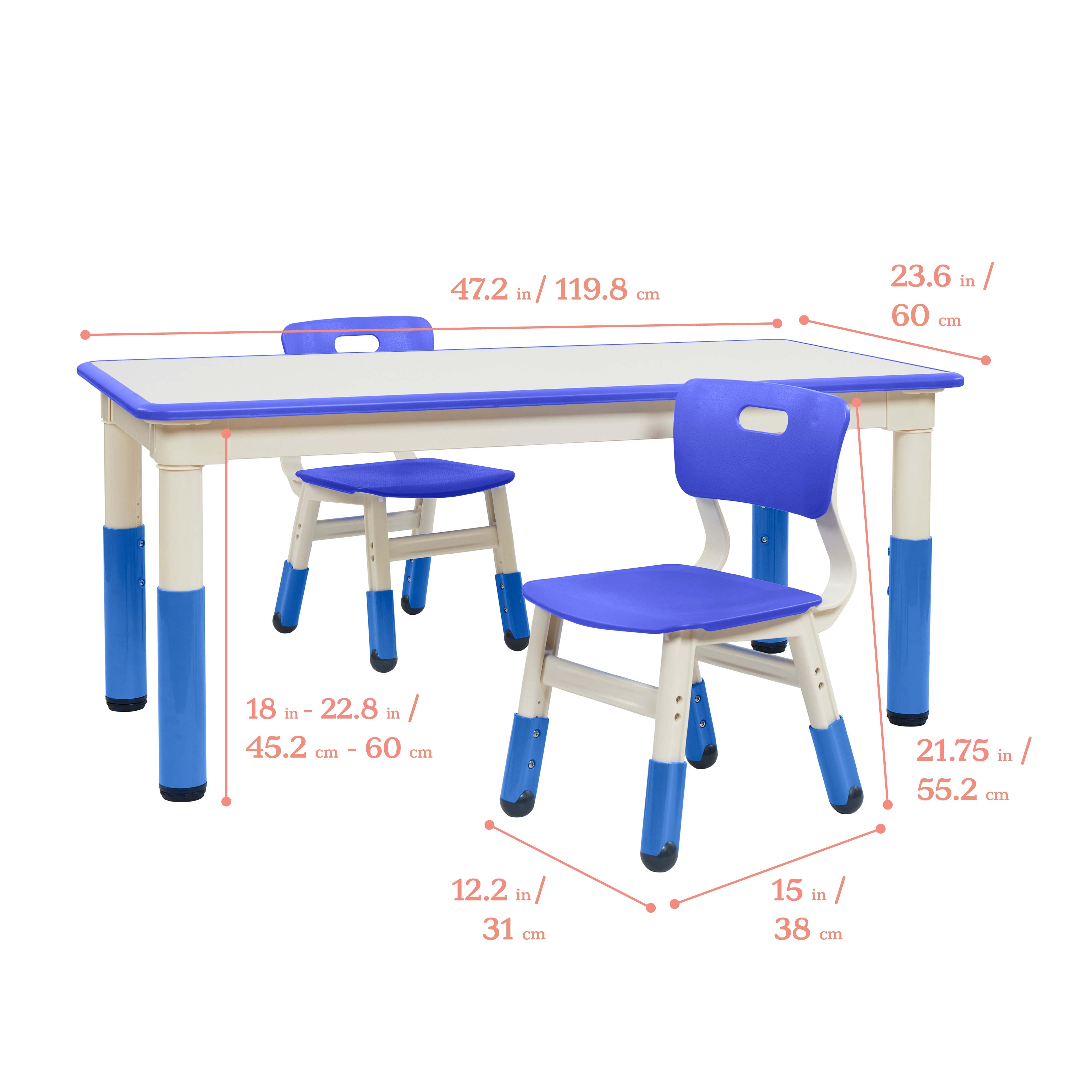 Dry-Erase Rectangular Activity Table with 2 Chairs, Adjustable, 3-Piece