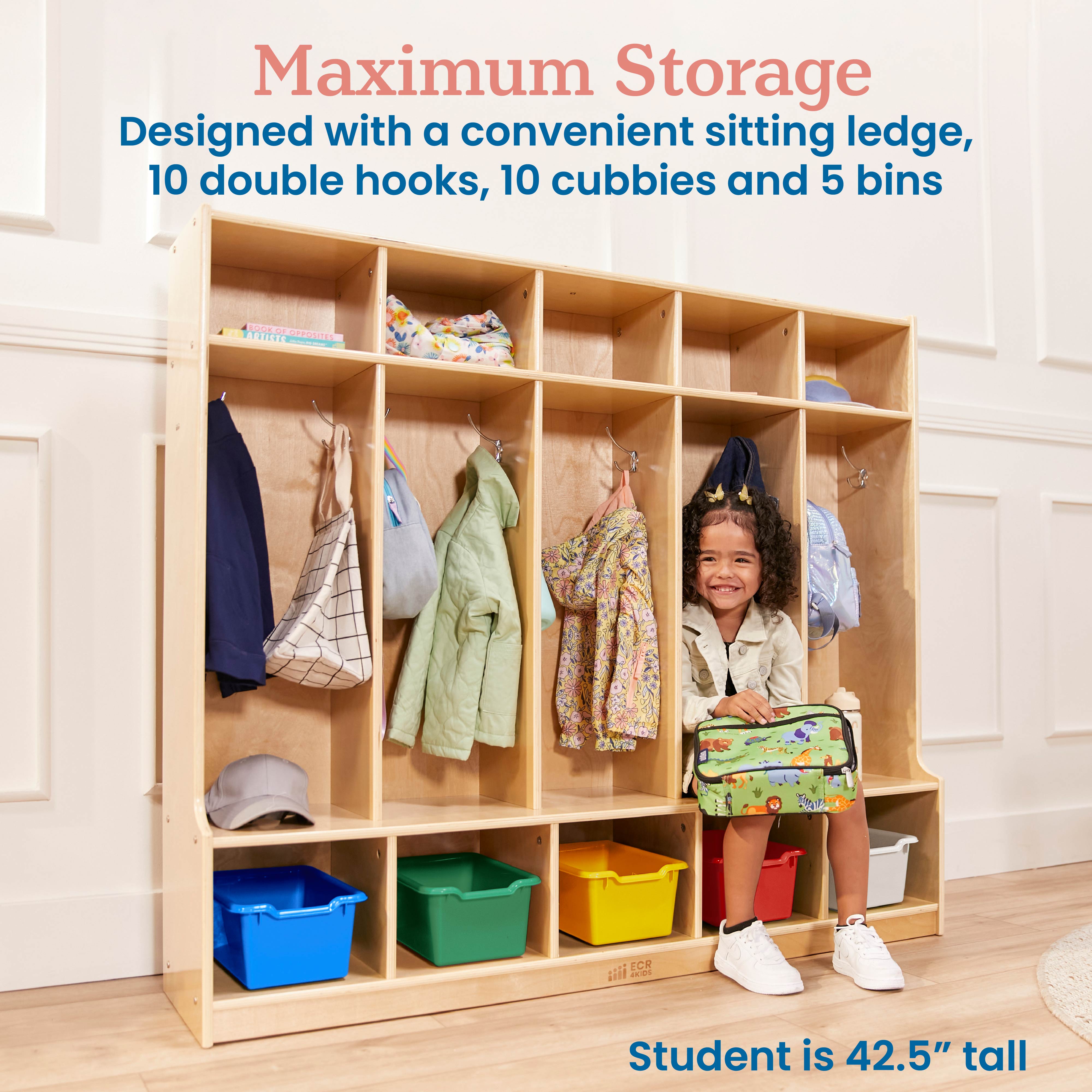 5-Section Coat Locker with Bench and Scoop Front Storage Bins, Natural