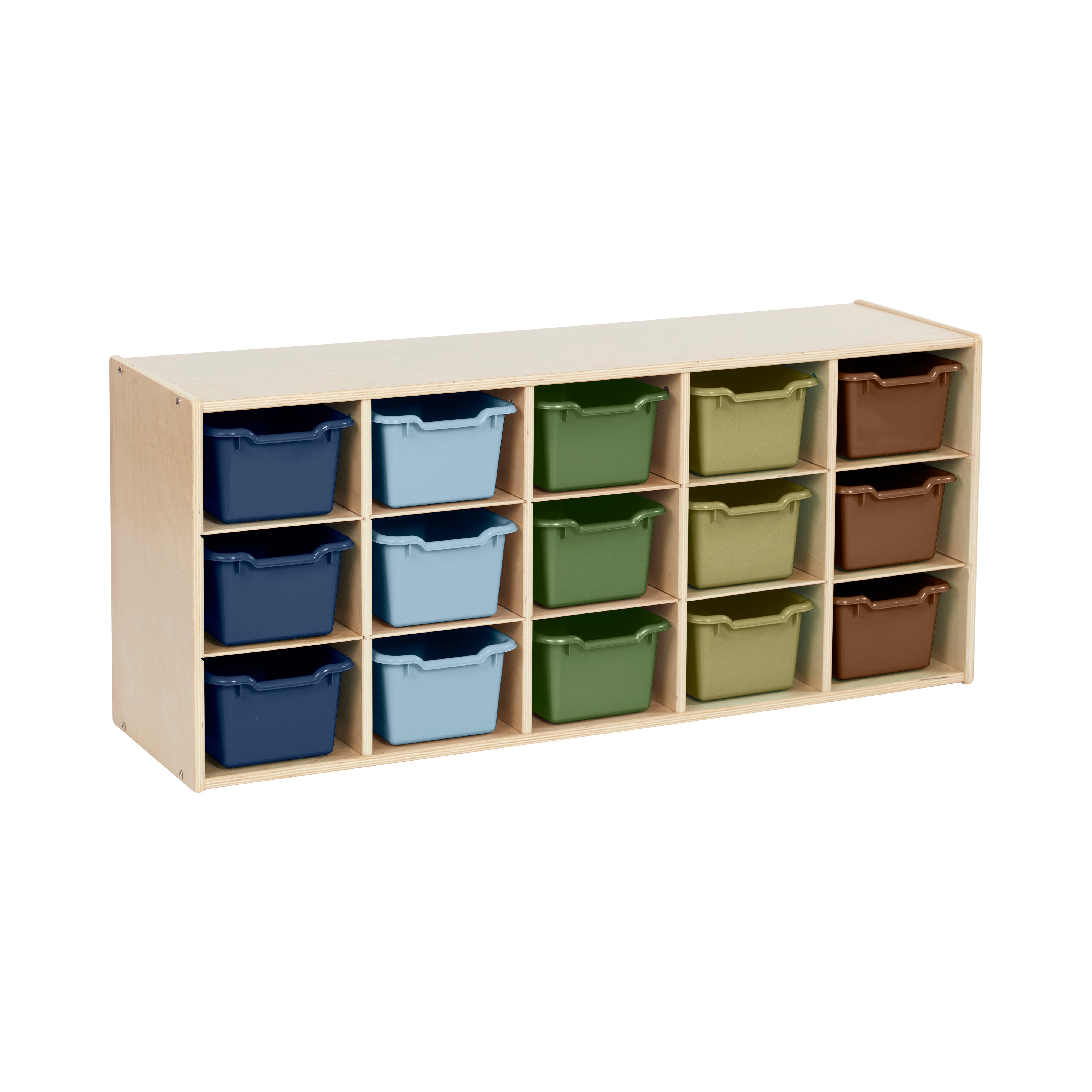 Streamline 15 Cubby Tray Cabinet with 15 Scoop Front Storage Bins, 3x5, Natural