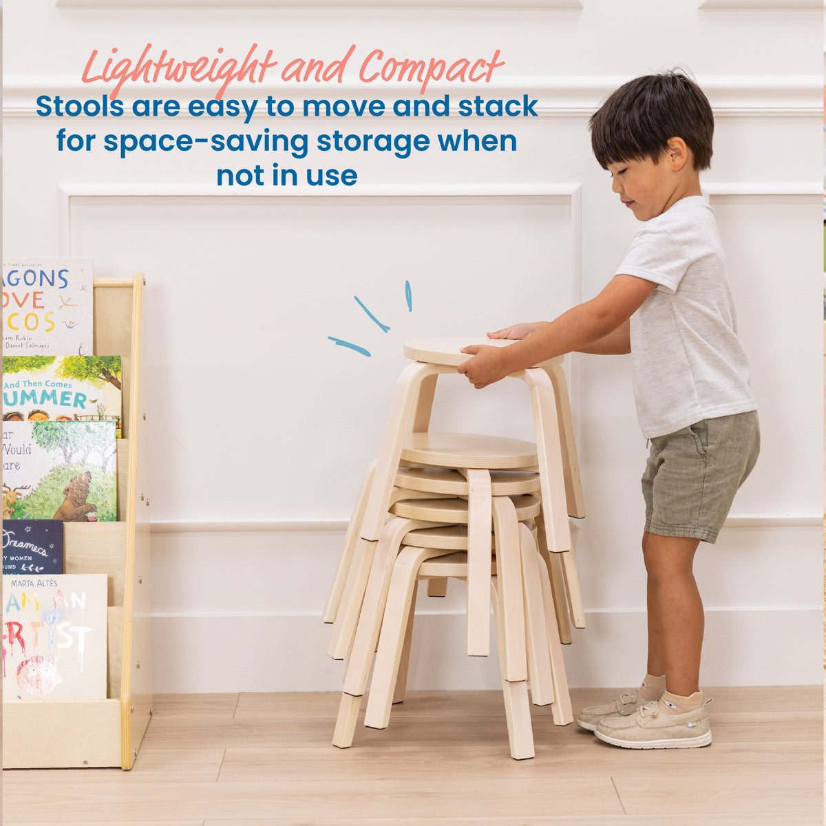Bentwood Stackable Stools, 12in Seat Height, 6-Piece
