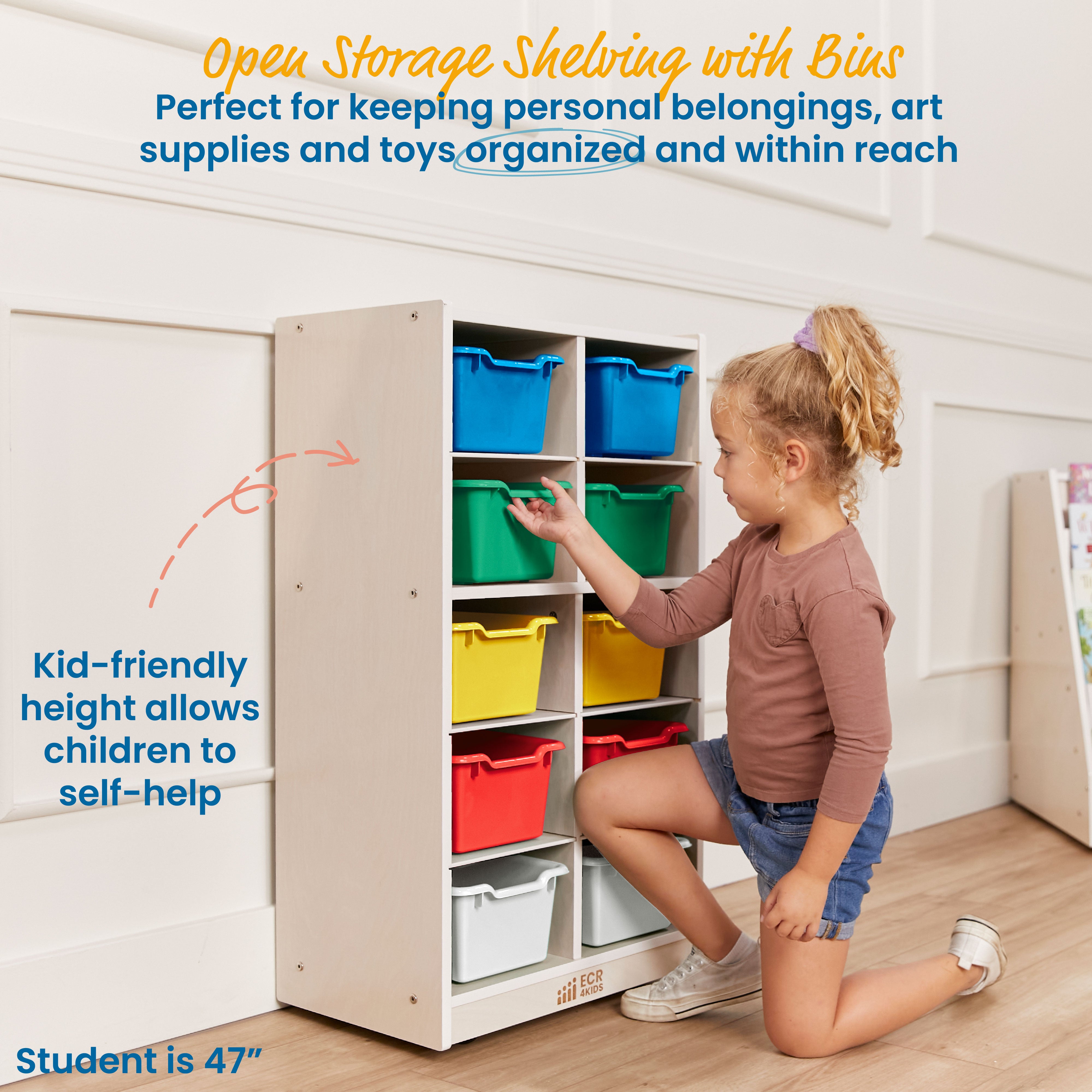 10 Cubby Mobile Tray Cabinet with 10 Scoop Front Storage Bins, 5x2, White Wash