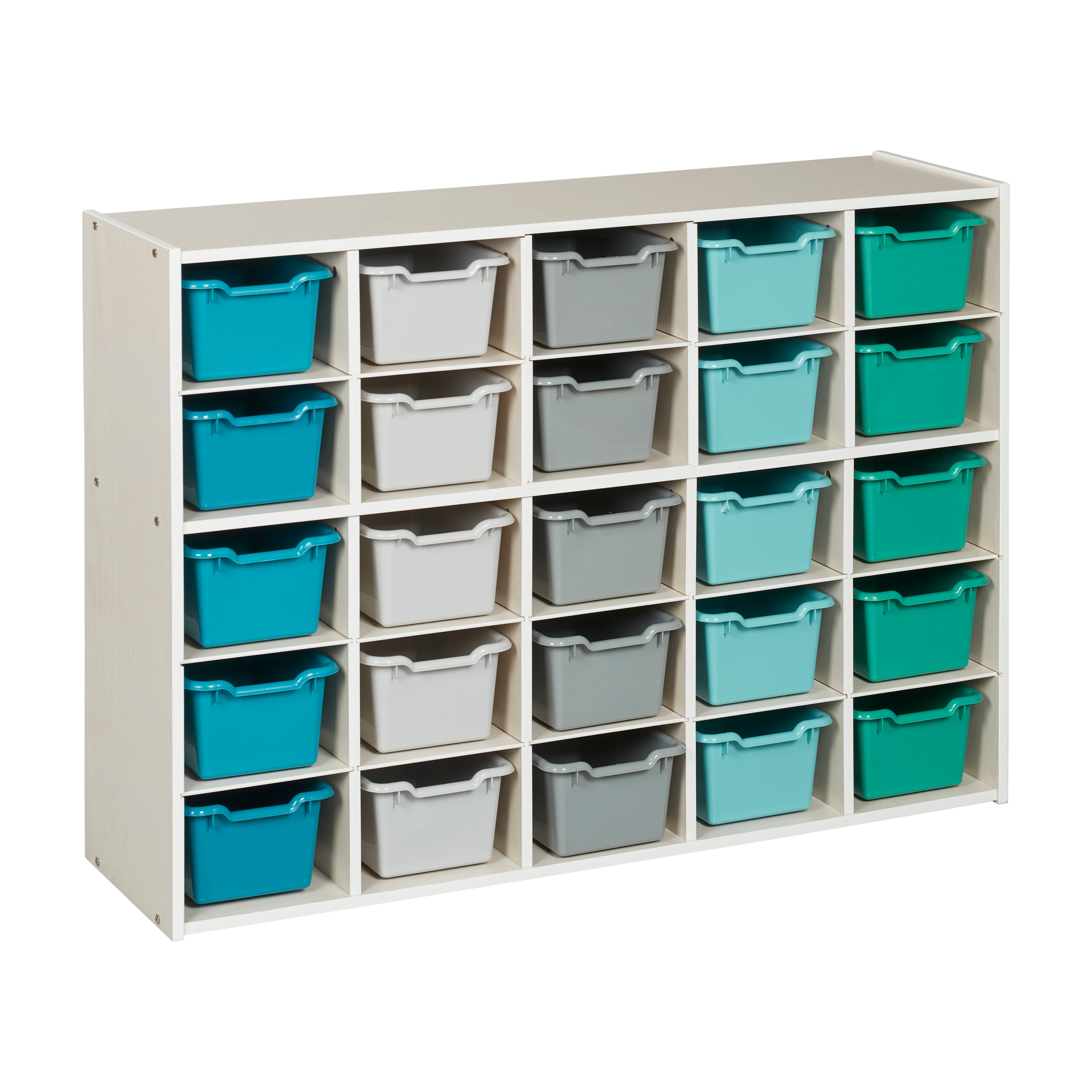 Streamline 25 Cubby Tray Cabinet with 25 Scoop Front Storage Bins, 5x5, White Wash