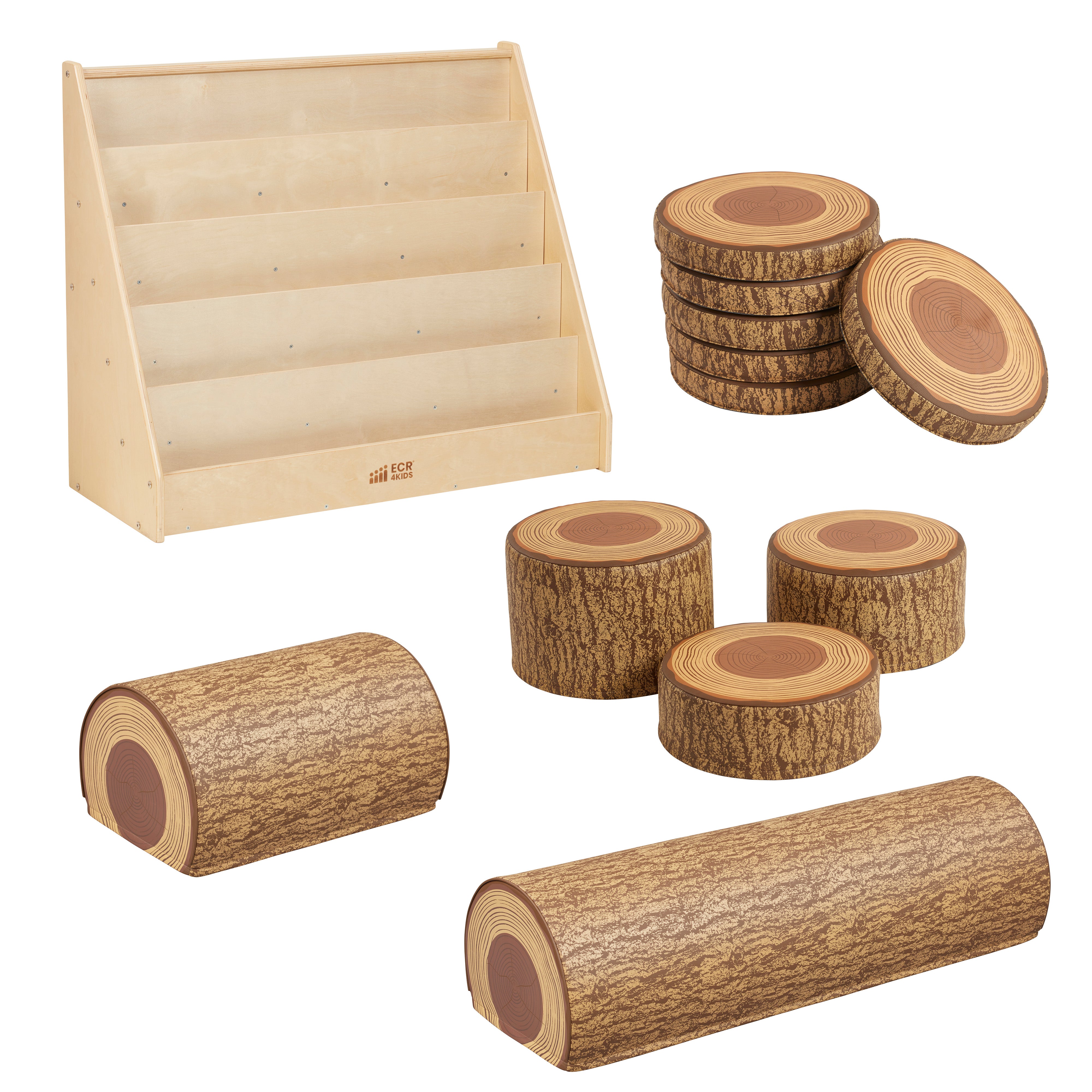 Preschool Nature-Inspired Reading Circle with Tree Log Seating and Book Display