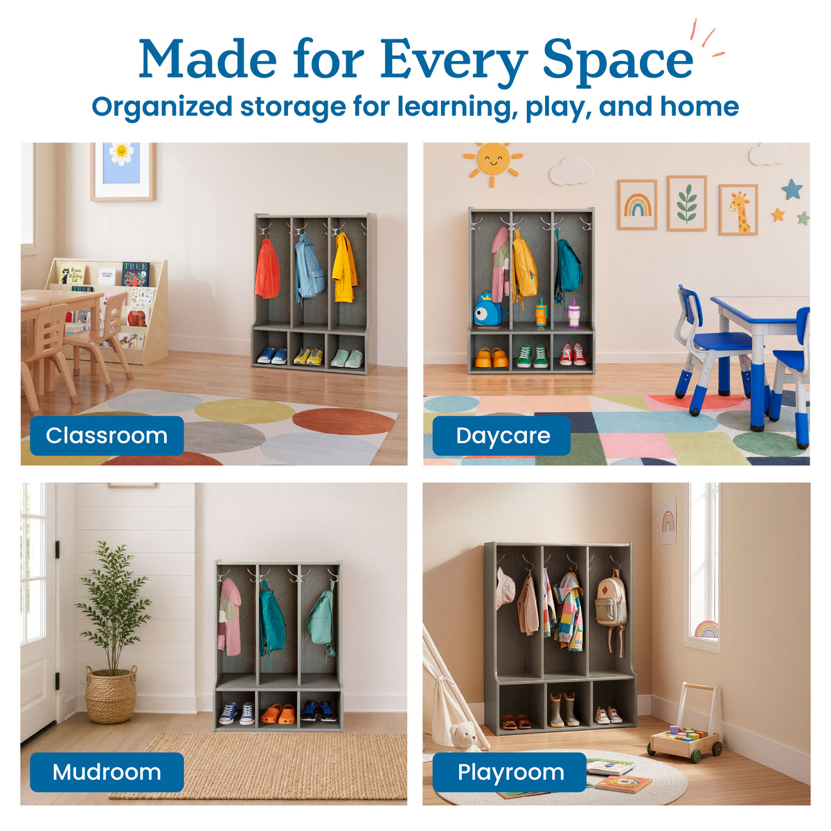 Three-section gray coat locker with hanging rods, cubbies, and bench seat in classroom, daycare, mudroom, and playroom settin
