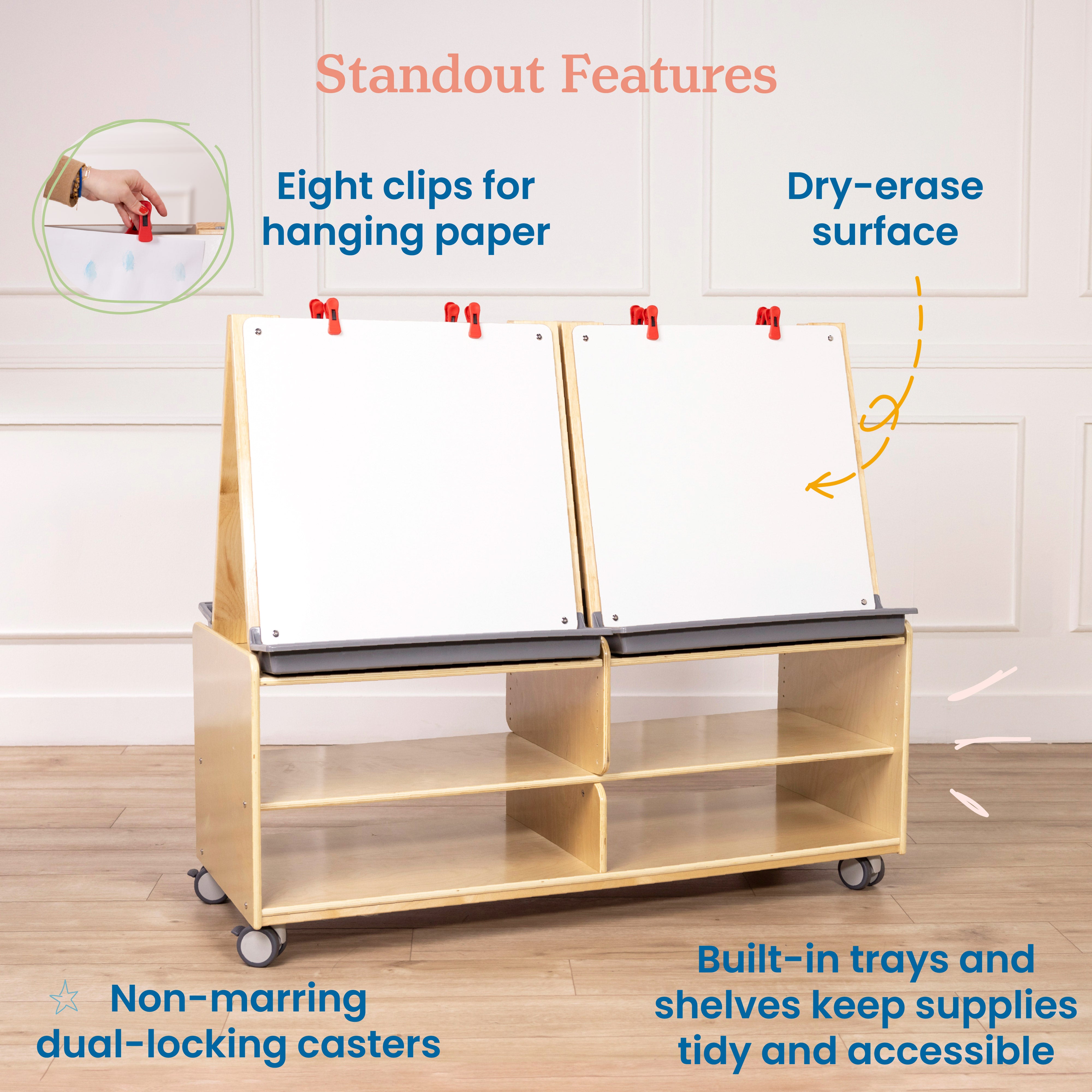 Double-Sided Mobile Art Easel with Storage and Clips