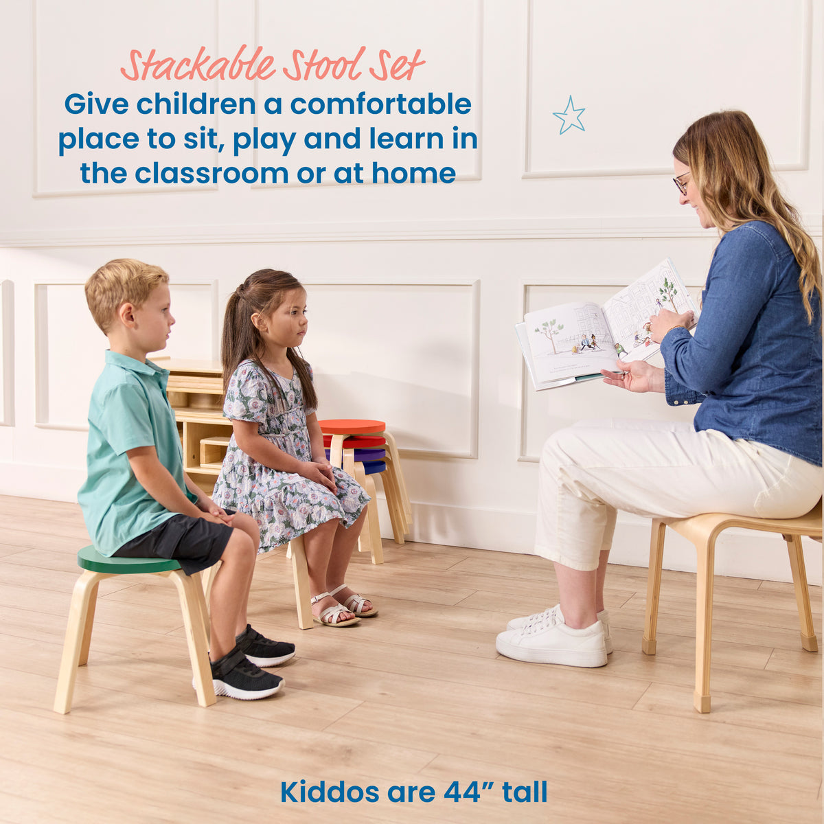 Bentwood Stackable Stools, 12in Seat Height, 6-Piece