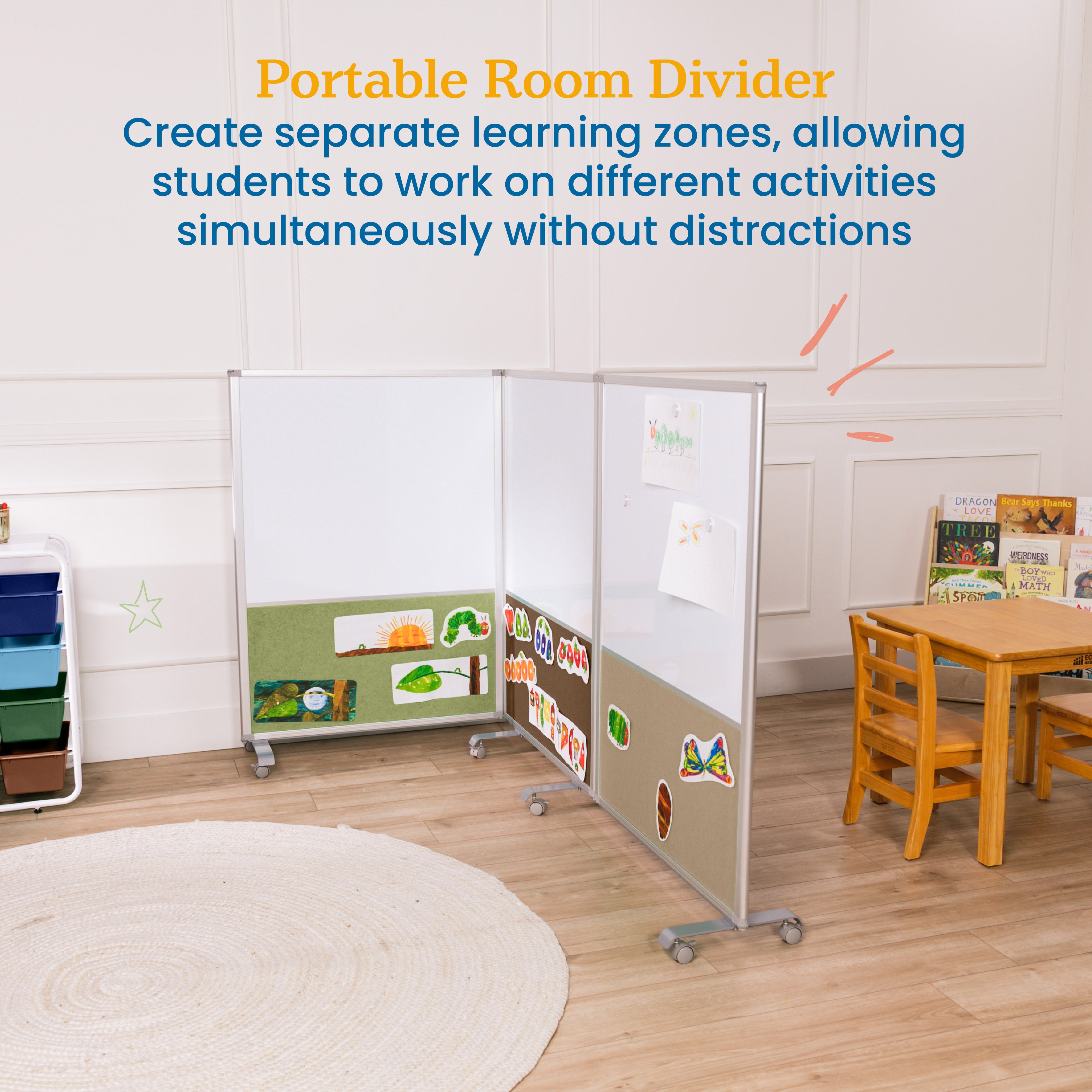 Mobile Dry-Erase and Flannel Split Room Divider, 3-Panel