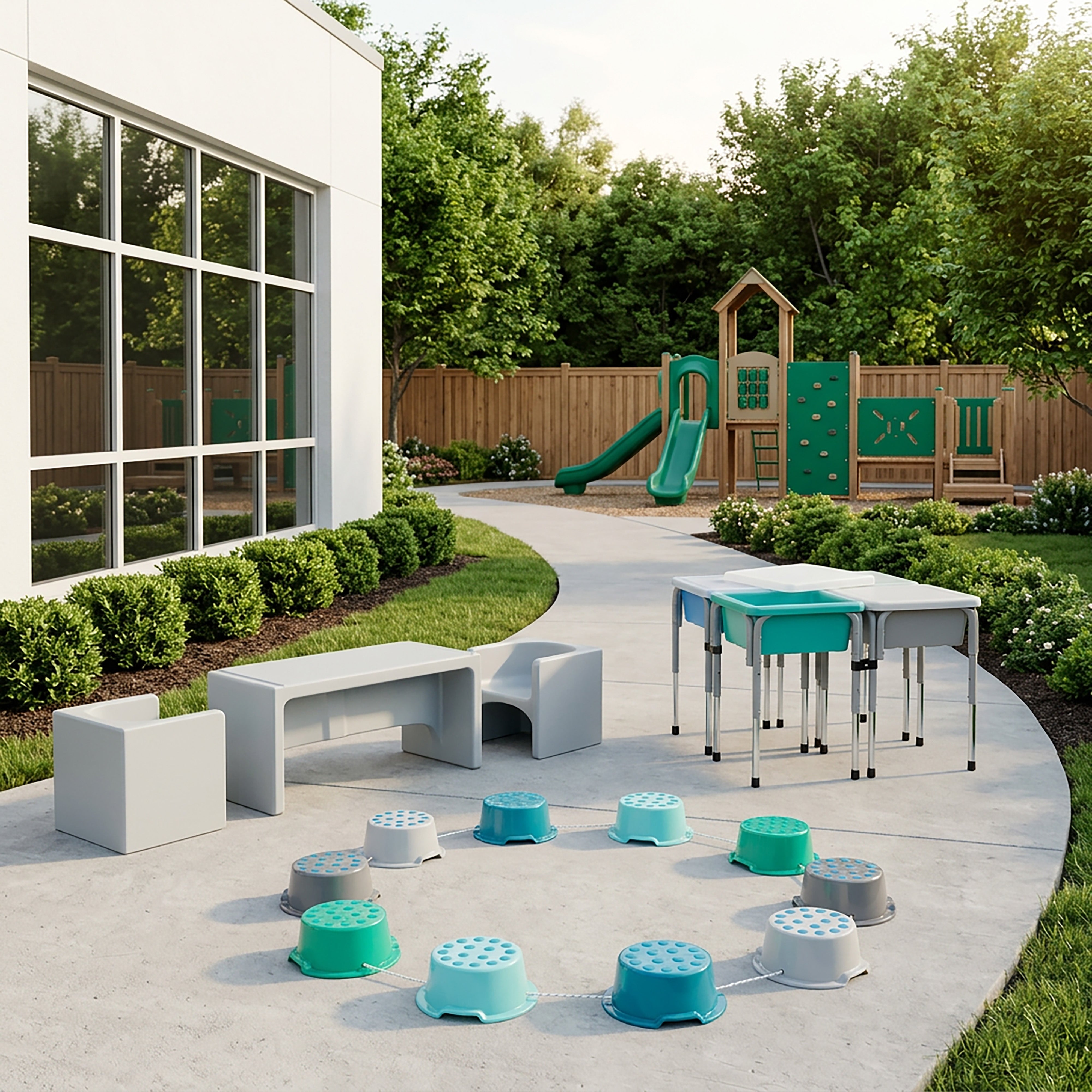 Preschool Outdoor Learning and Play Package with Sand and Water Table, Table and Chairs and Stepping Buckets