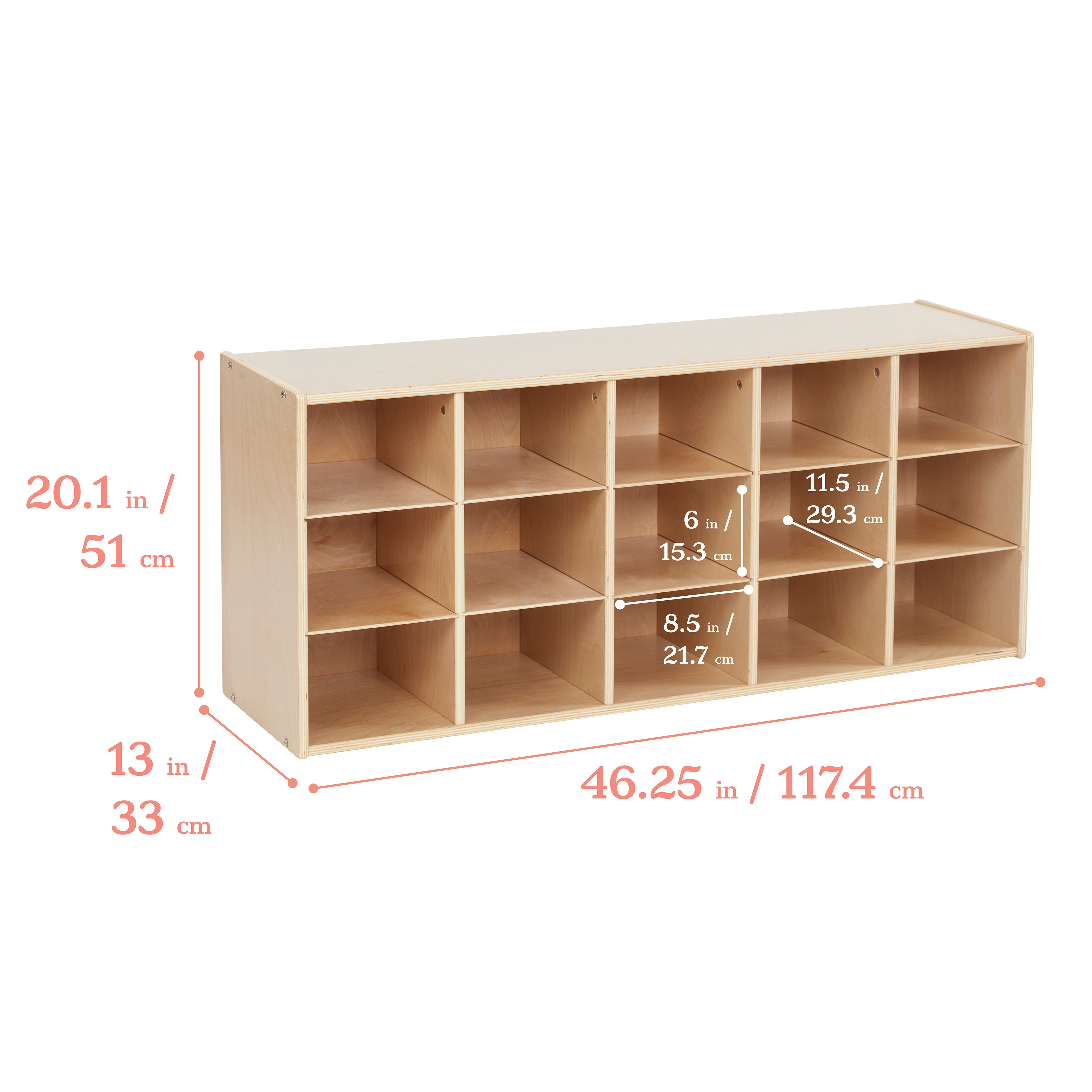 Streamline 15 Cubby Tray Cabinet with 15 Scoop Front Storage Bins, 3x5, Natural