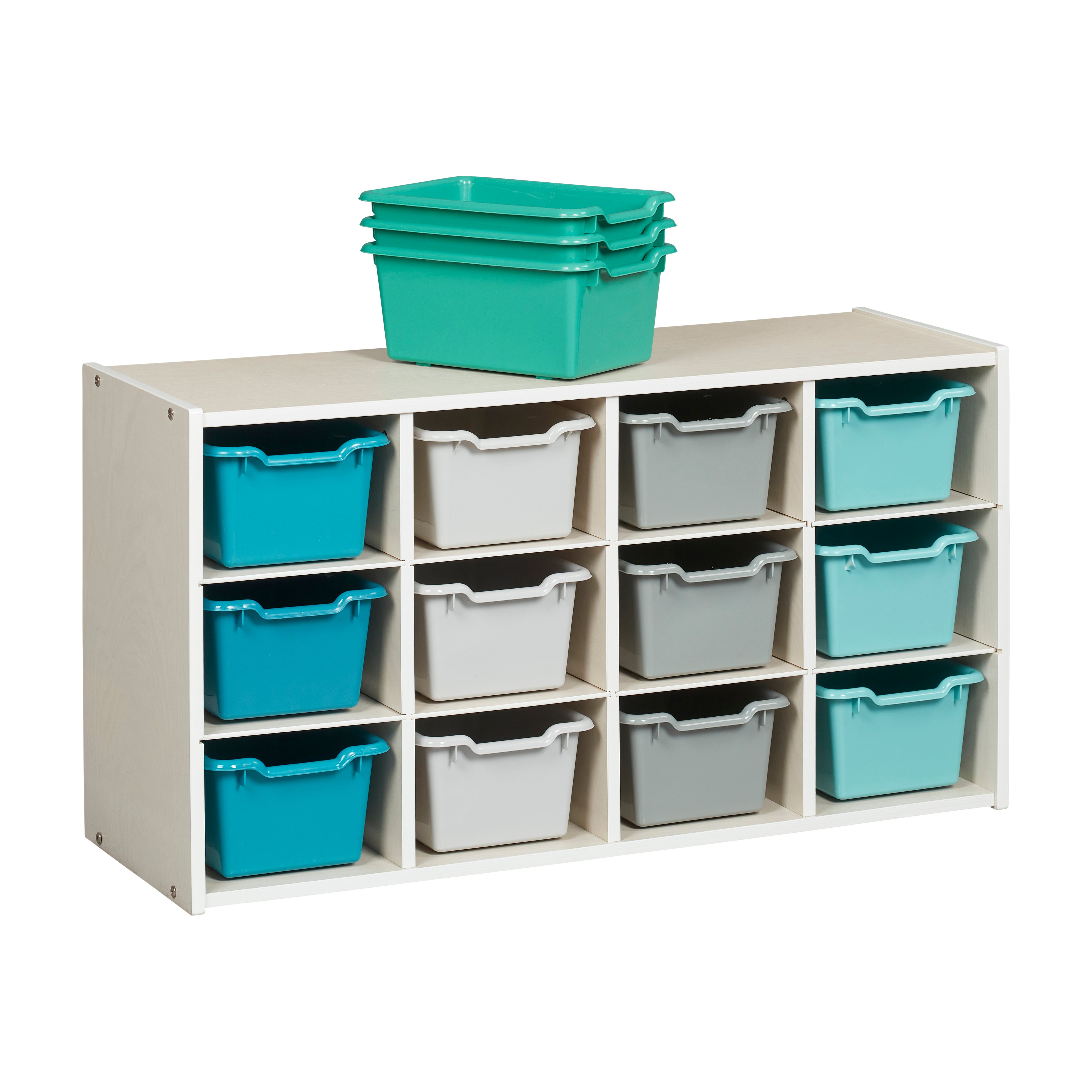 Streamline 12 Cubby Tray Cabinet with 15 Scoop Front Storage Bins, 3x4, White Wash