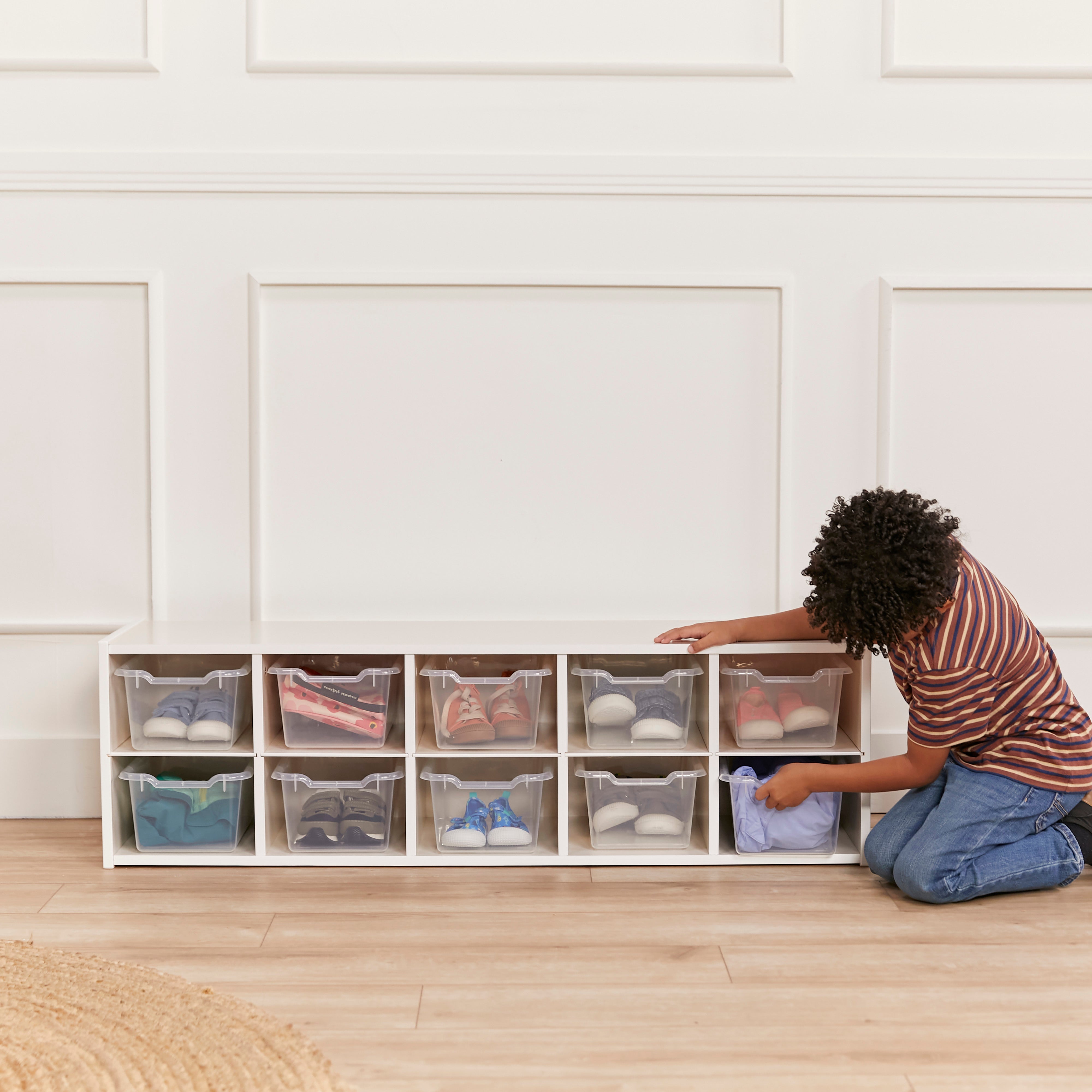 Streamline 10 Cubby Tray Cabinet with 10 Scoop Front Storage Bins, 2x5, White Wash