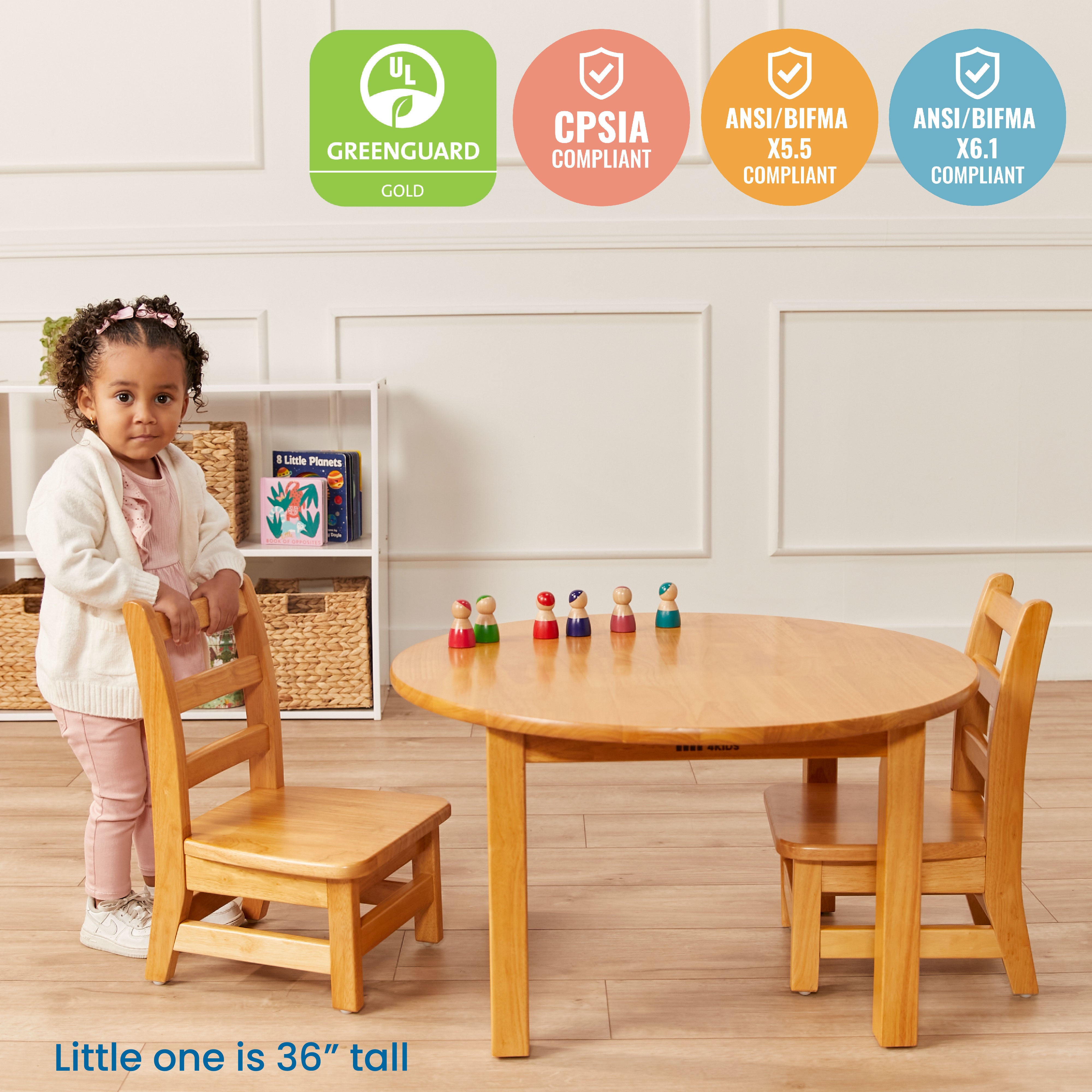 30in Round Hardwood Table and Two Chairs, 8in Seat Height, 3-Piece