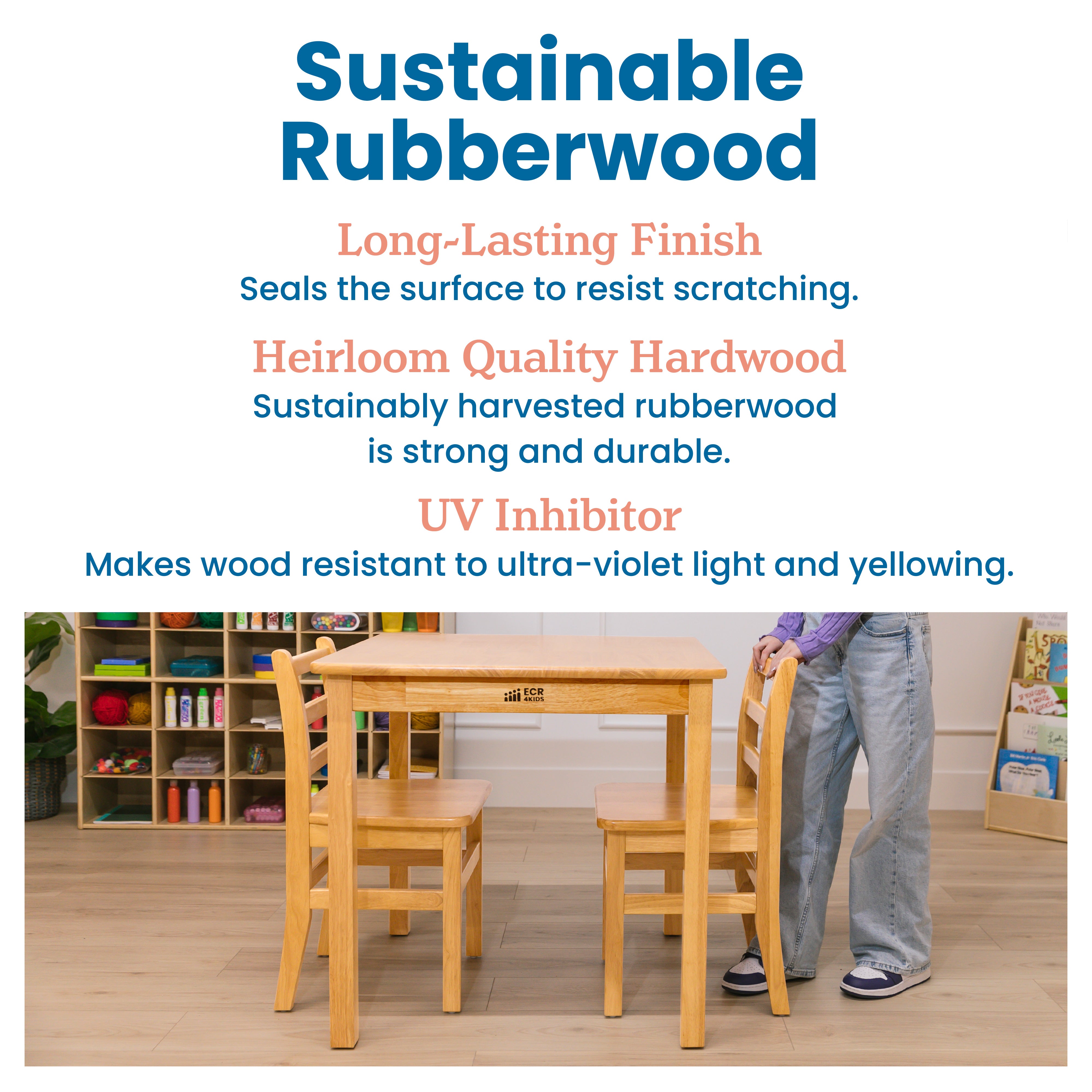 30in x 30in Square Hardwood Table with 28in Legs and Two 16in Chairs, Kids Furniture