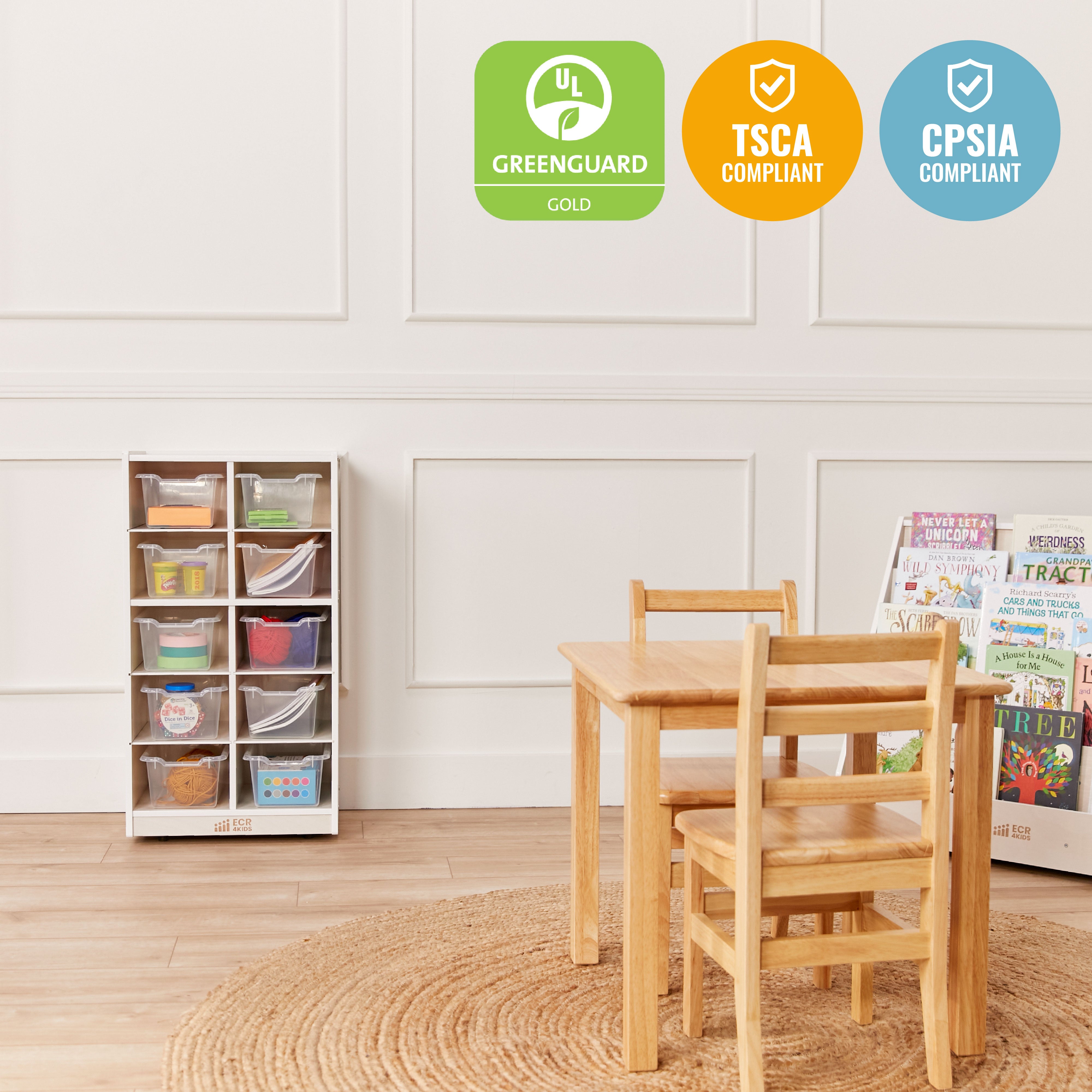 10 Cubby Mobile Tray Cabinet with 10 Scoop Front Storage Bins, 5x2, White Wash