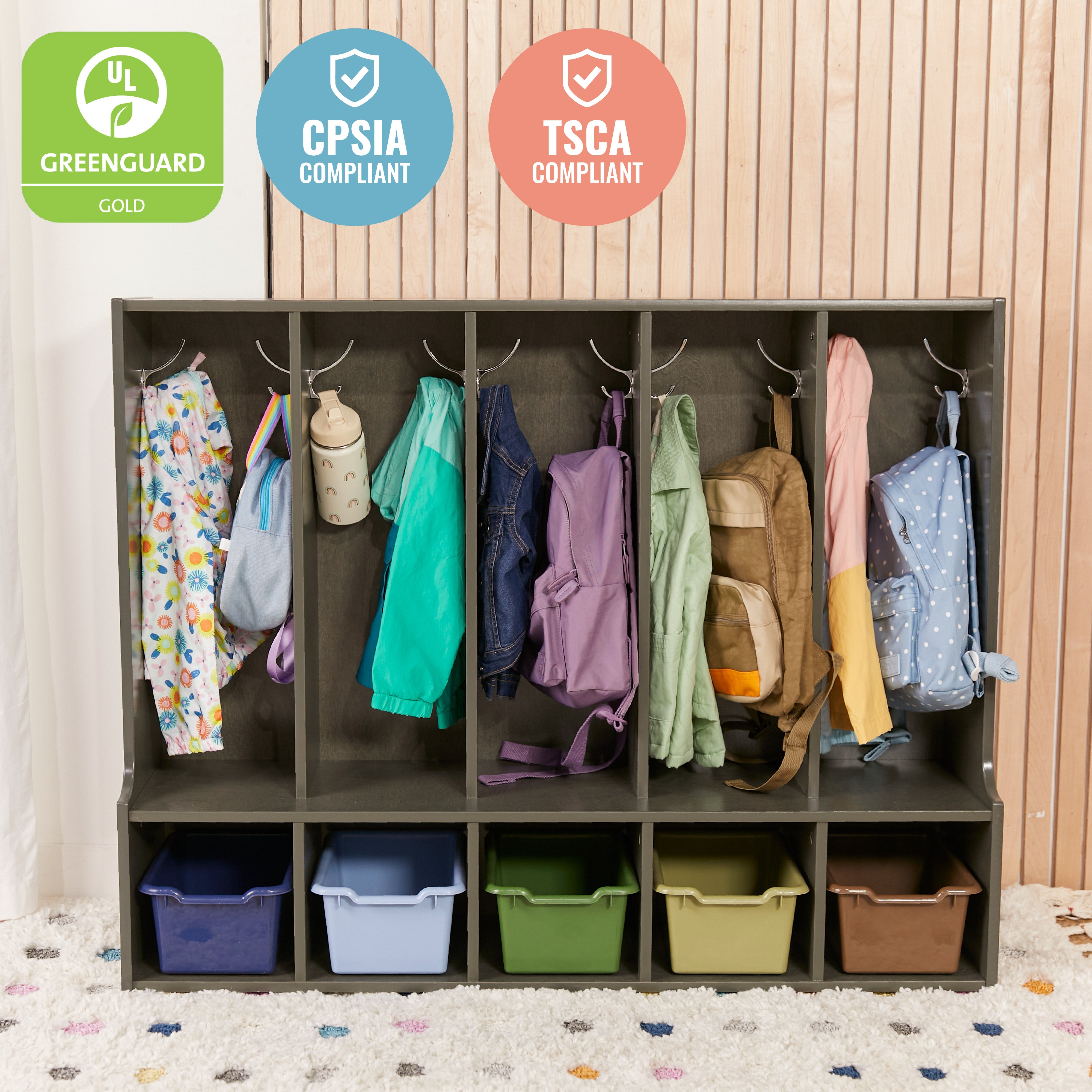 Streamline 5-Section Toddler Coat Locker with Bench and Bins