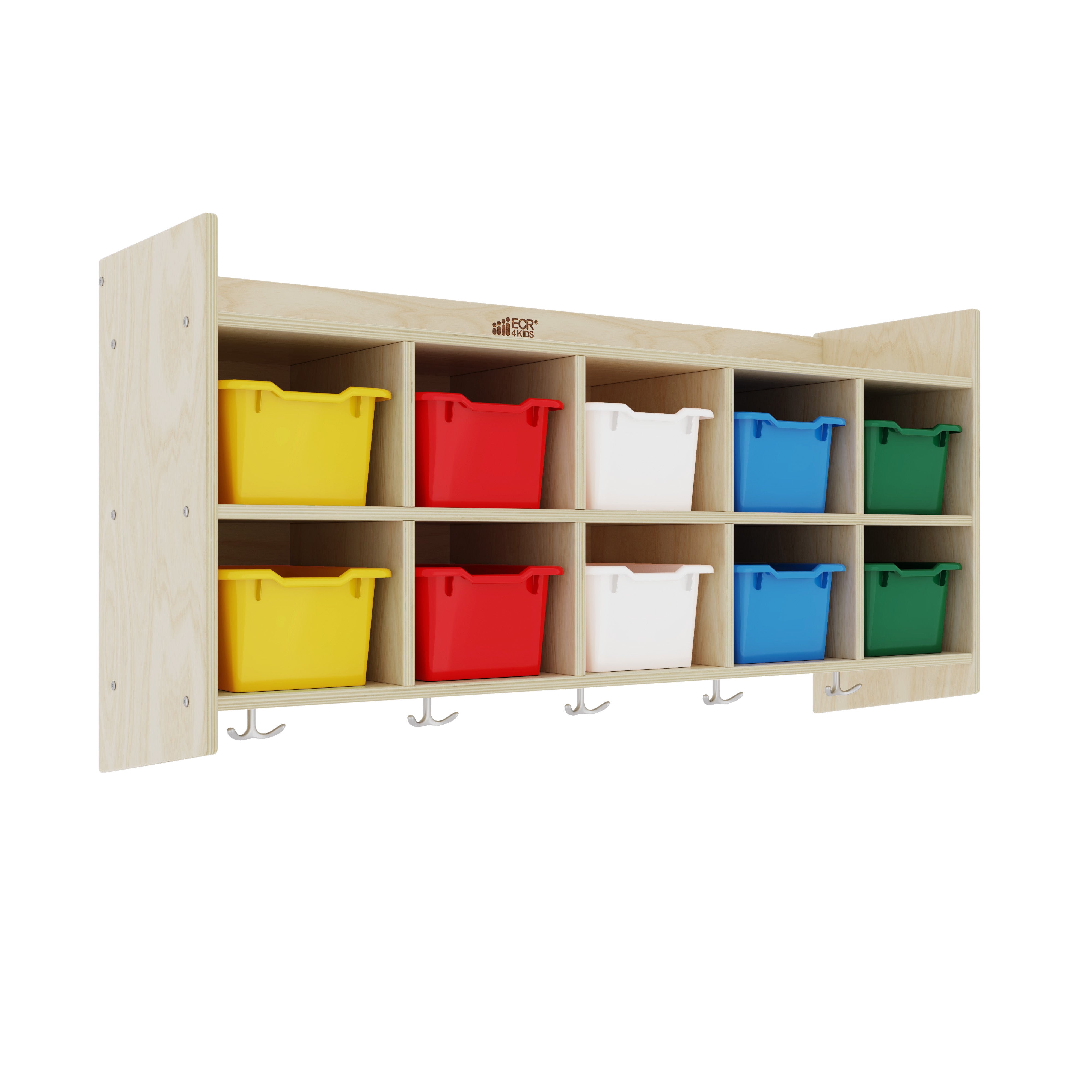 10-Section Hanging Coat Locker with Shelf and Scoop Front Storage Bins, Natural
