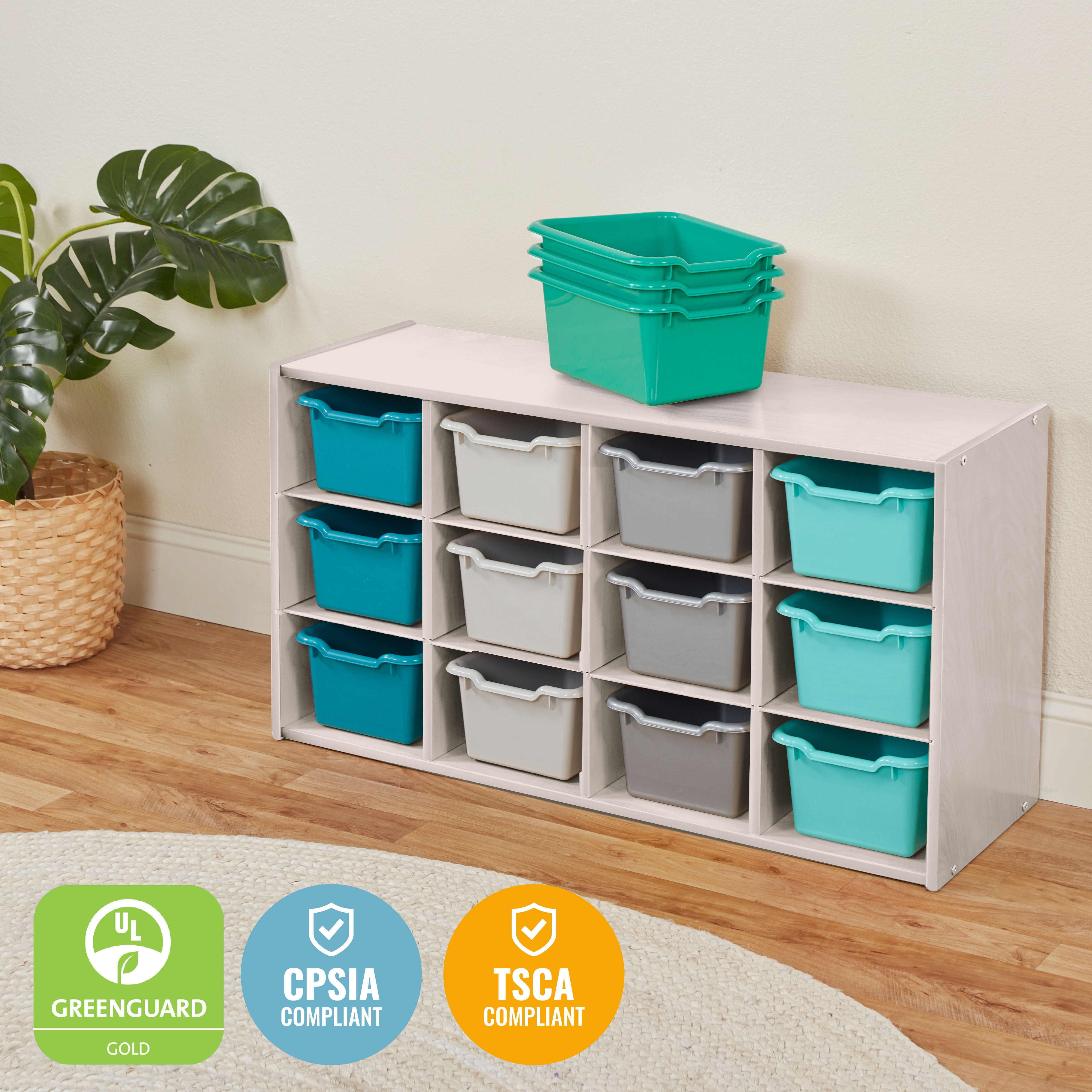 Streamline 12 Cubby Tray Cabinet with 15 Scoop Front Storage Bins, 3x4, White Wash