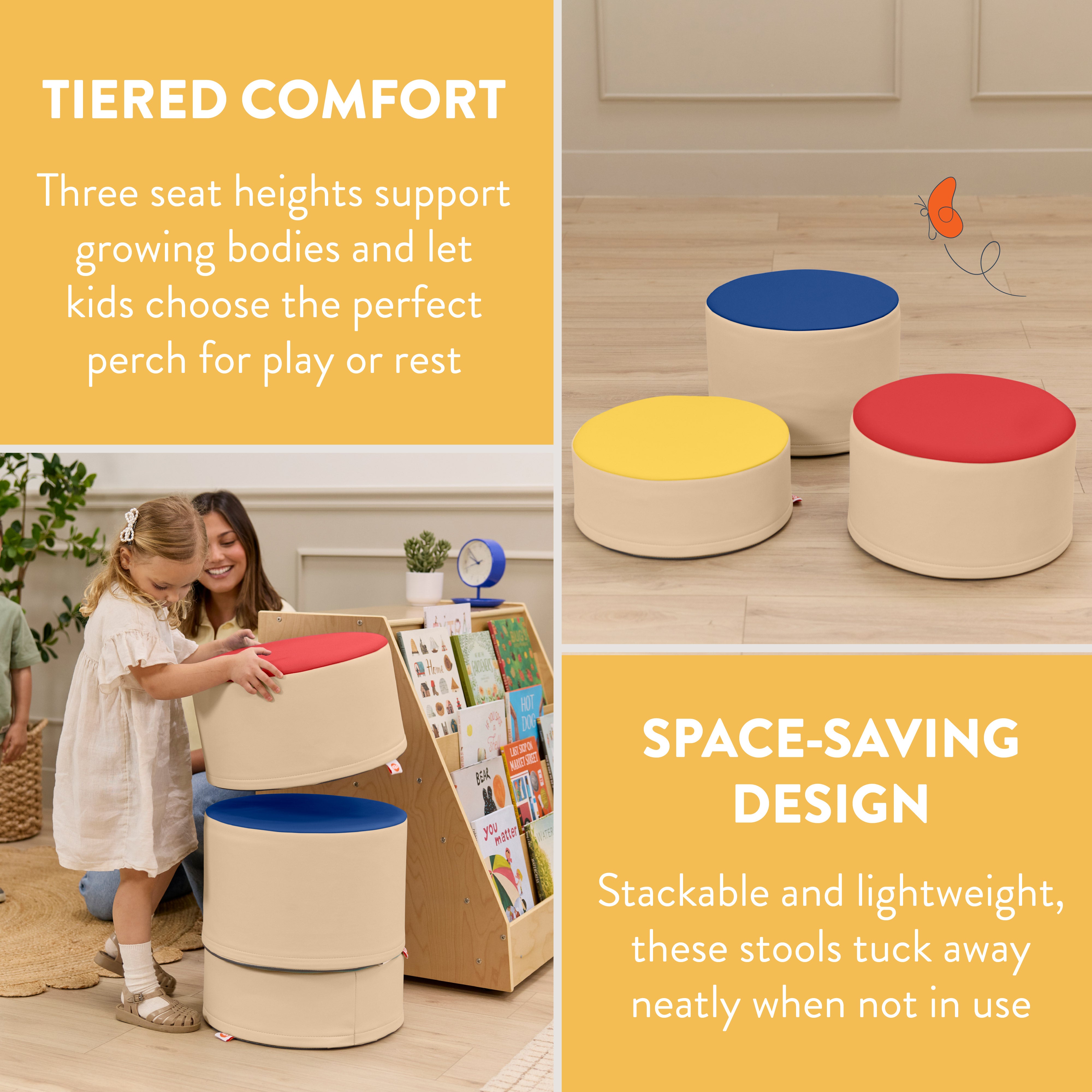 Round Two-Tone Ottomans, 3-Piece