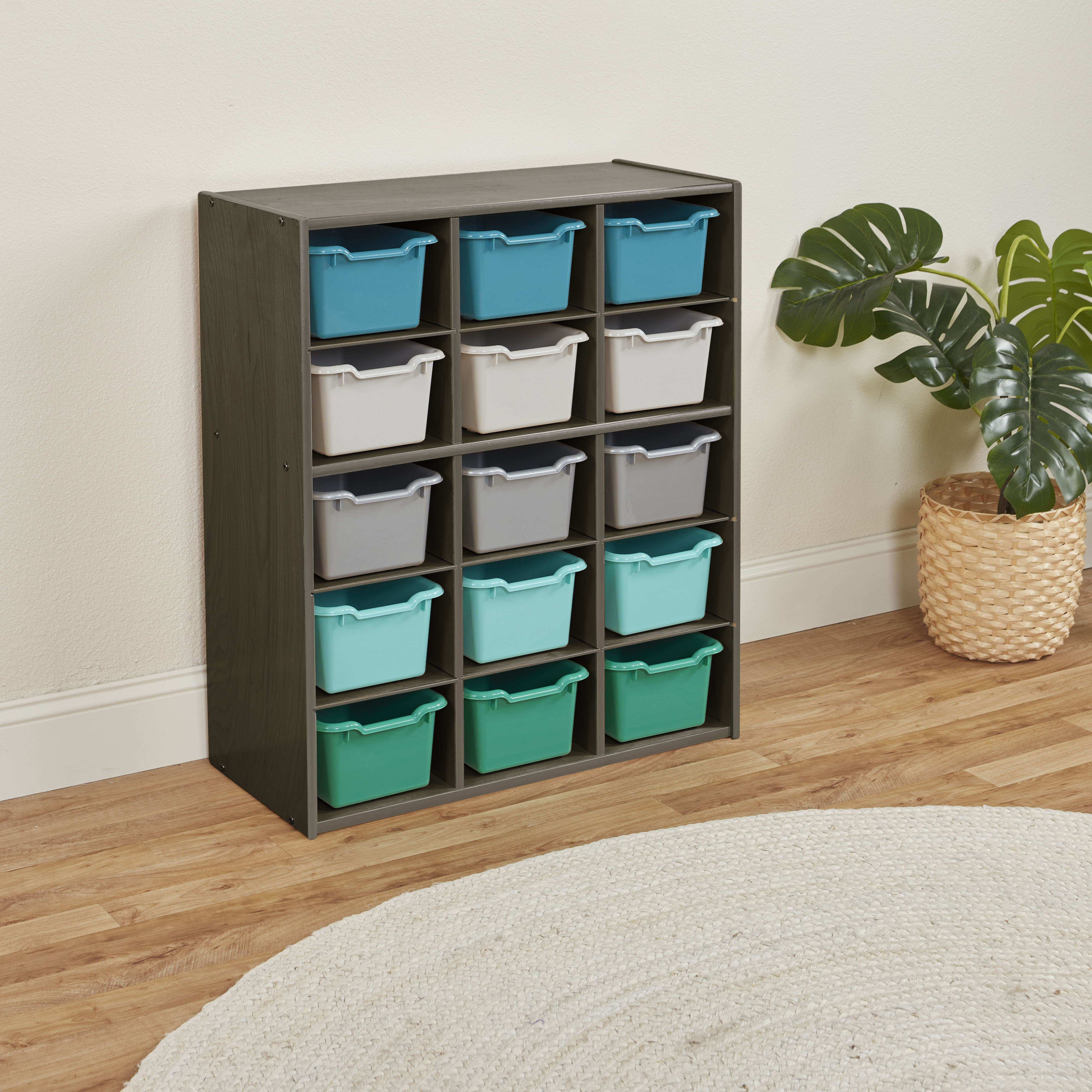 Streamline 15 Cubby Tray Cabinet with 15 Scoop Front Storage Bins, 5x3, Grey Wash