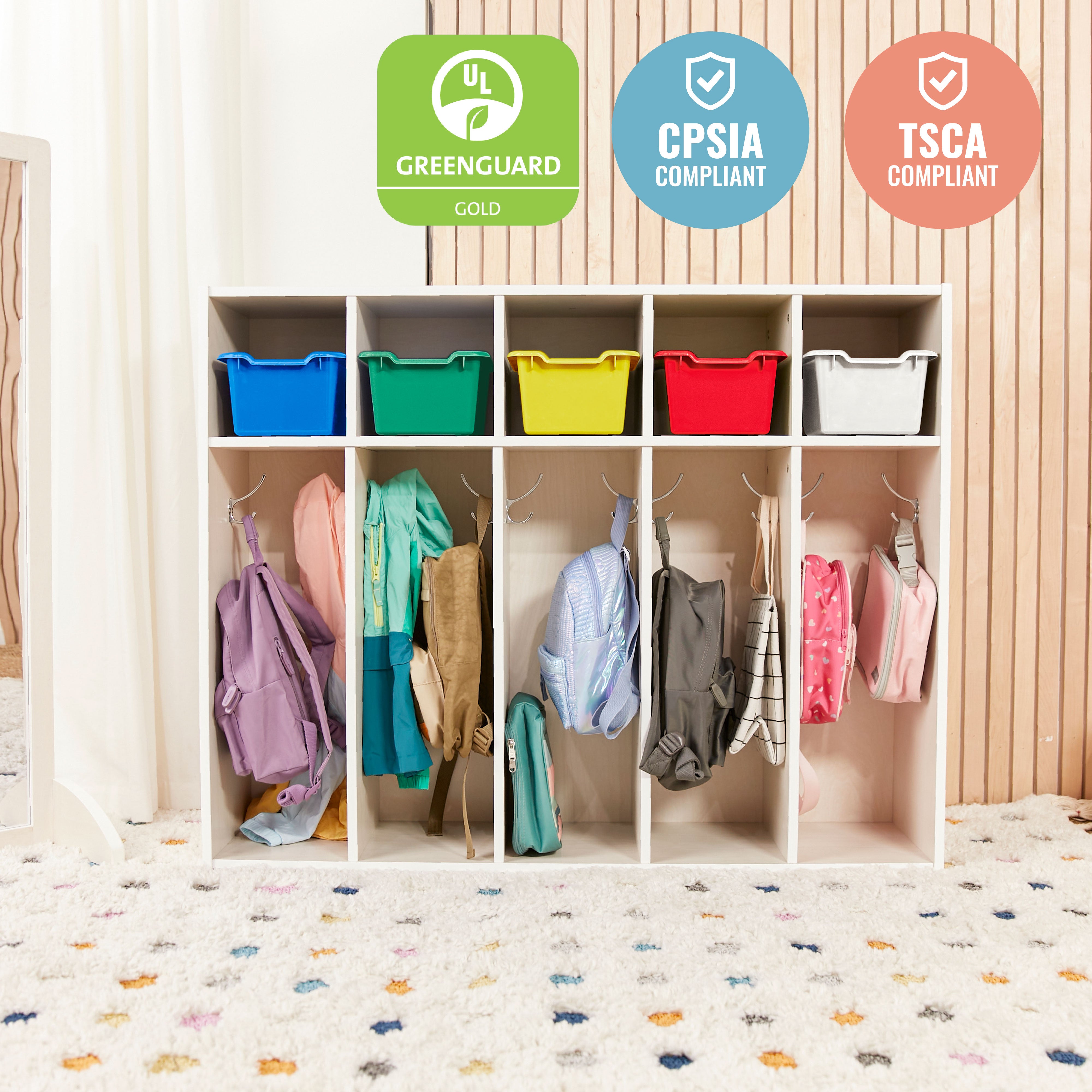 Streamline 5-Section Coat Locker with Scoop Front Storage Bins, Toddler Size, White Wash