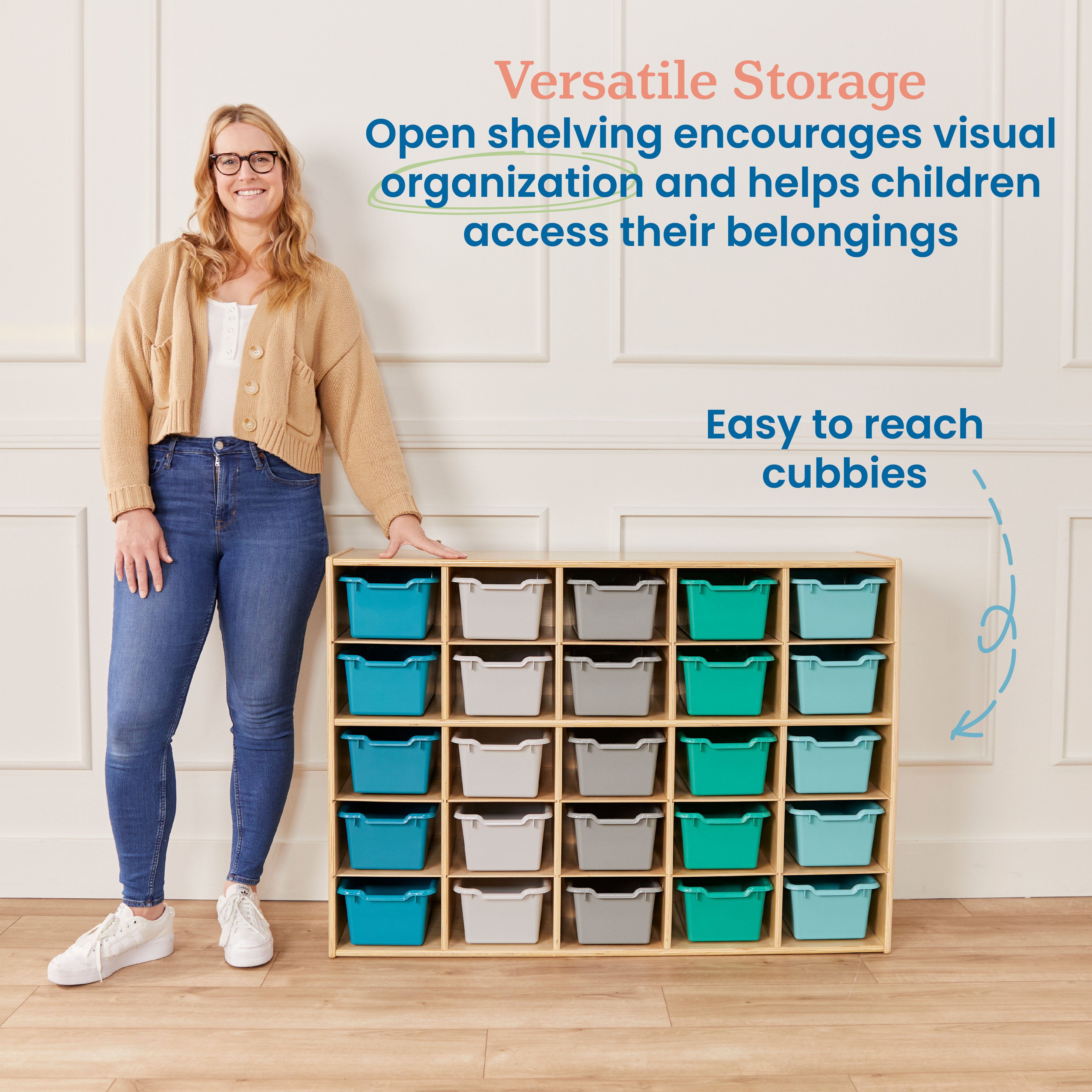 Streamline 25 Cubby Tray Cabinet with 25 Scoop Front Storage Bins, 5x5, Natural